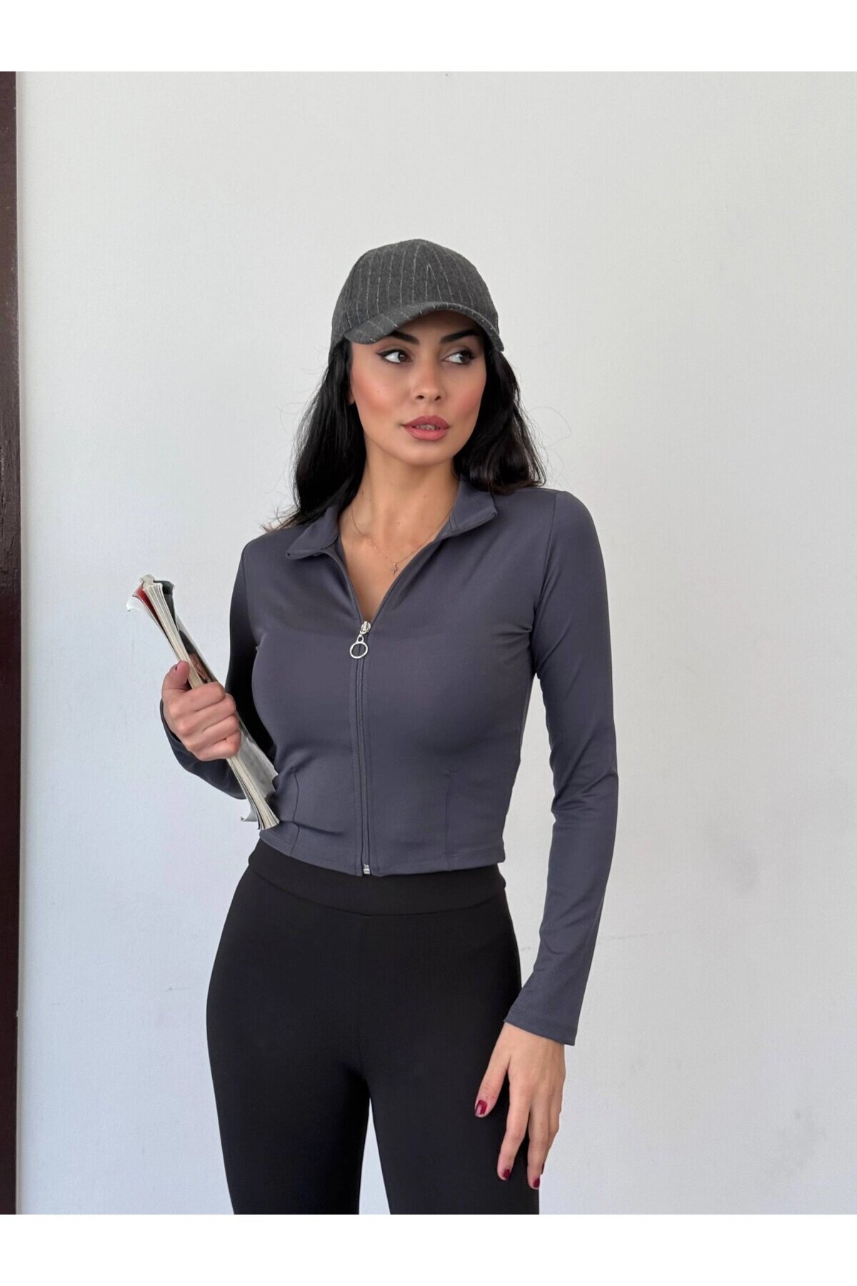Kadın Antrasit Dalgıç Kumaş Fermuar Kapamalı Parmak Geçirmeli Sweatshirt HZL25W-FRY123441