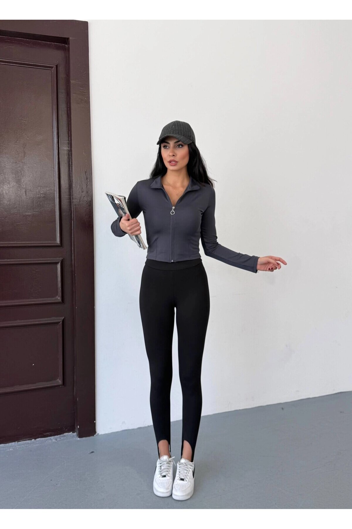 Kadın Antrasit Dalgıç Kumaş Fermuar Kapamalı Parmak Geçirmeli Sweatshirt HZL25W-FRY123441