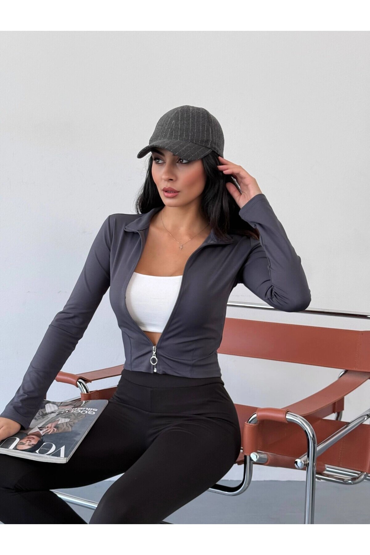 Kadın Antrasit Dalgıç Kumaş Fermuar Kapamalı Parmak Geçirmeli Sweatshirt HZL25W-FRY123441