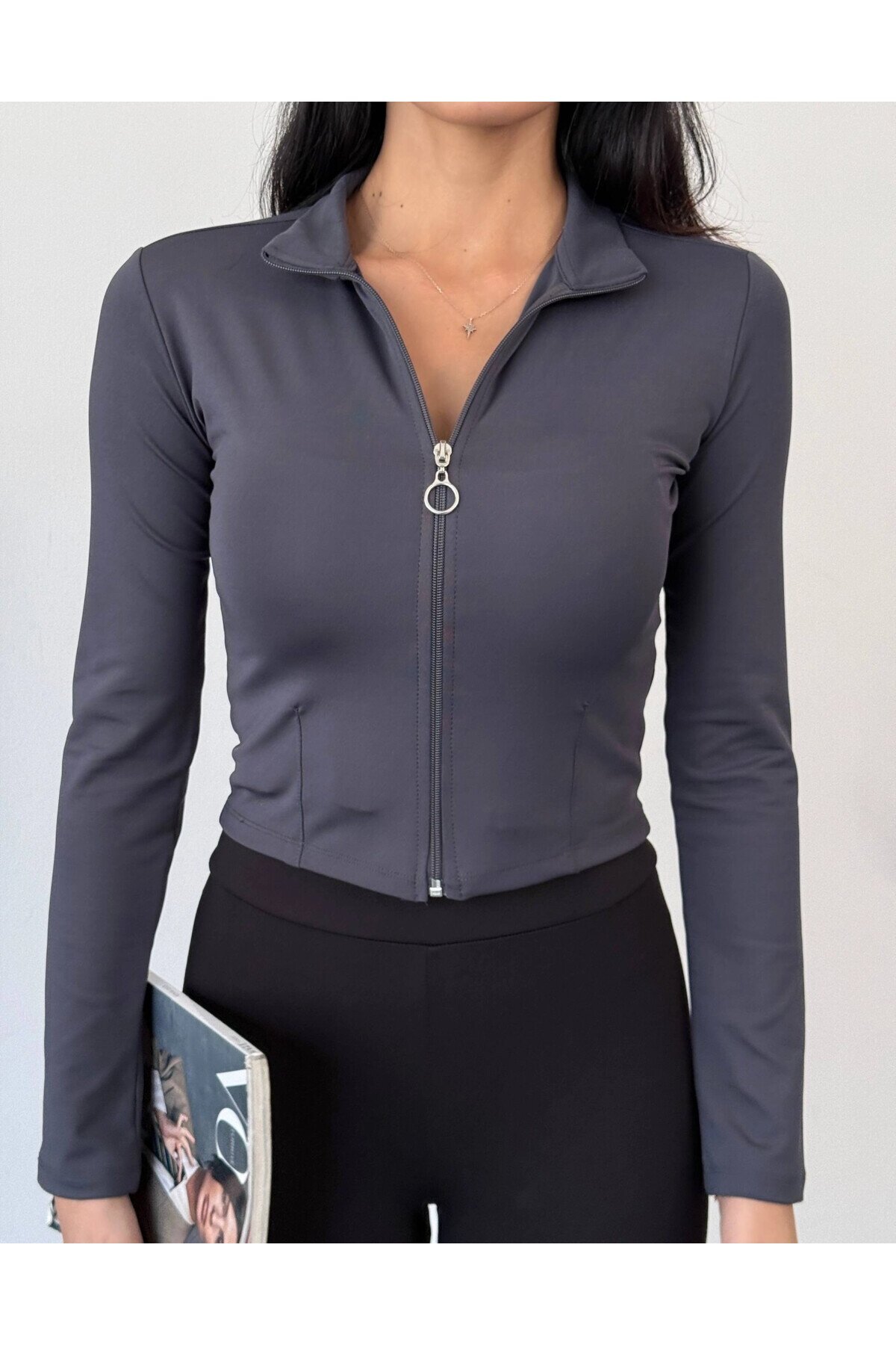 Kadın Antrasit Dalgıç Kumaş Fermuar Kapamalı Parmak Geçirmeli Sweatshirt HZL25W-FRY123441