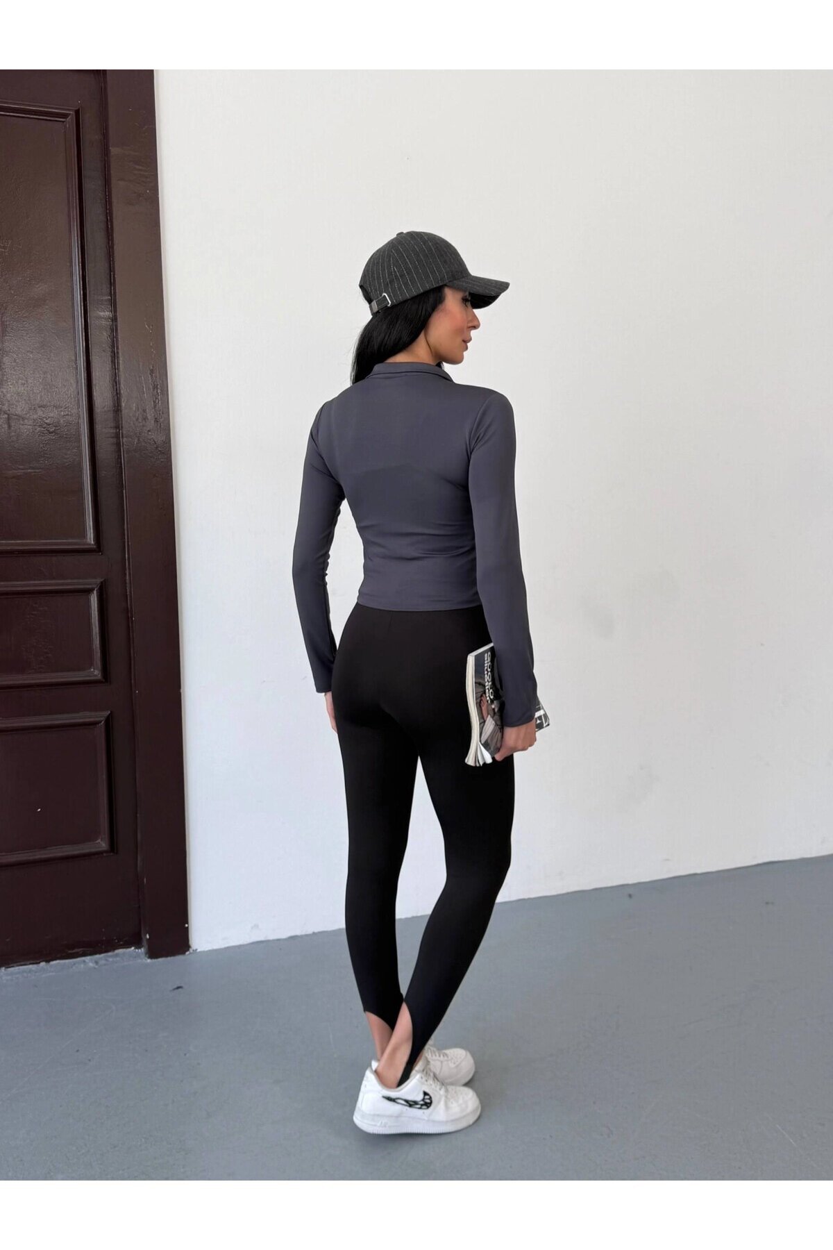 Kadın Antrasit Dalgıç Kumaş Fermuar Kapamalı Parmak Geçirmeli Sweatshirt HZL25W-FRY123441