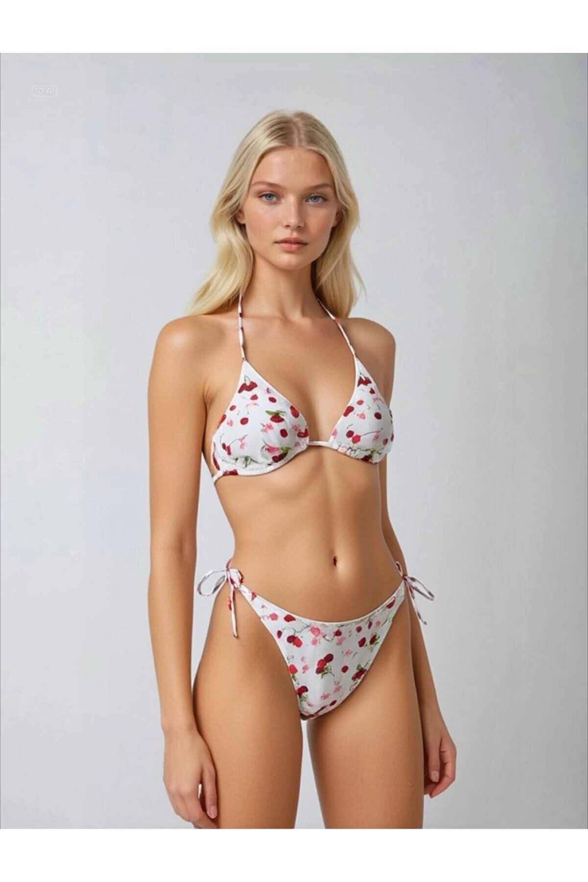 Kadın Beyaz Kiraz Temalı Boyundan İp Bağlamalı Üçgen Bikini Takımı HZL25S-LC5005