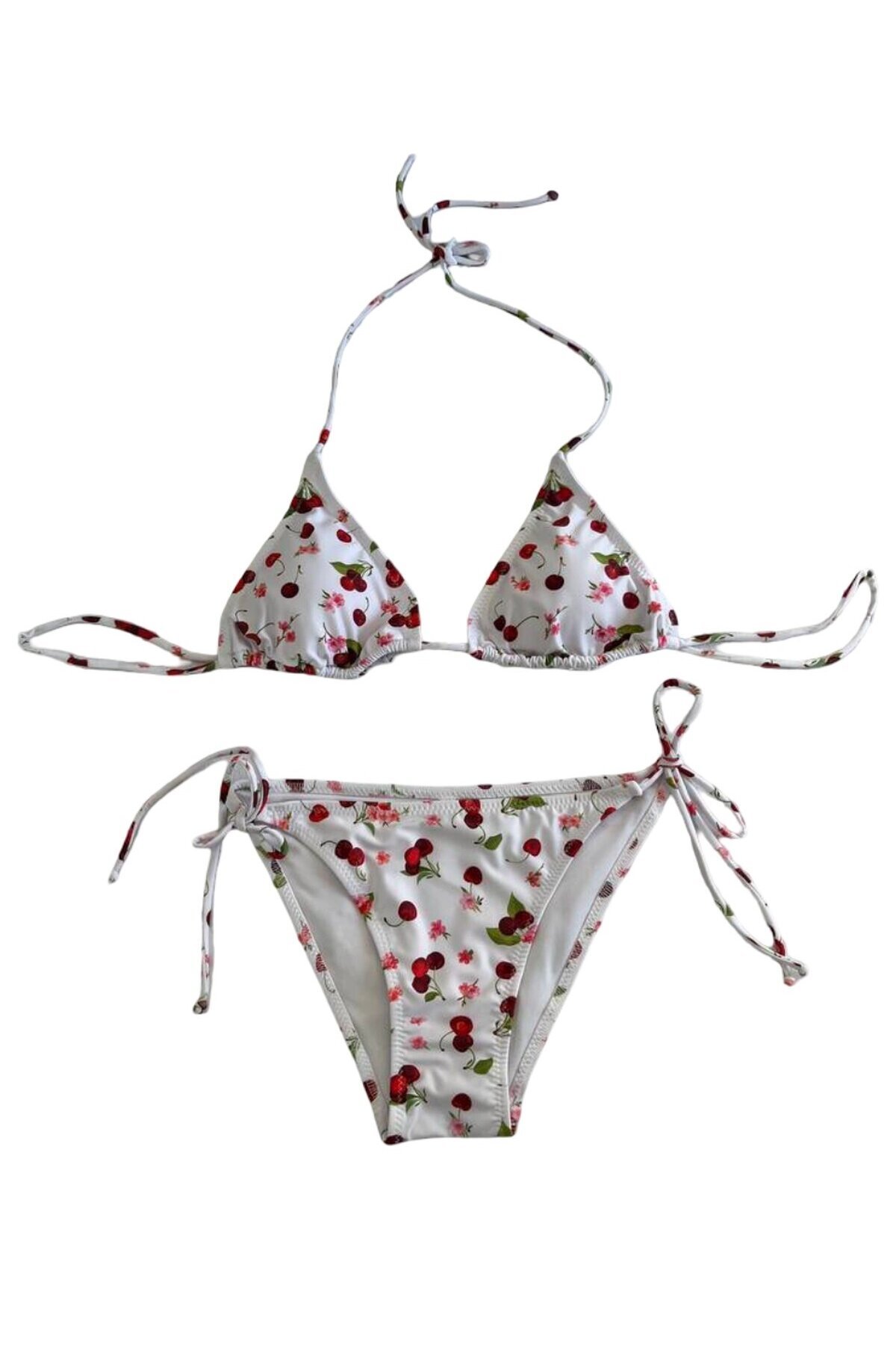 Kadın Beyaz Kiraz Temalı Boyundan İp Bağlamalı Üçgen Bikini Takımı HZL25S-LC5005