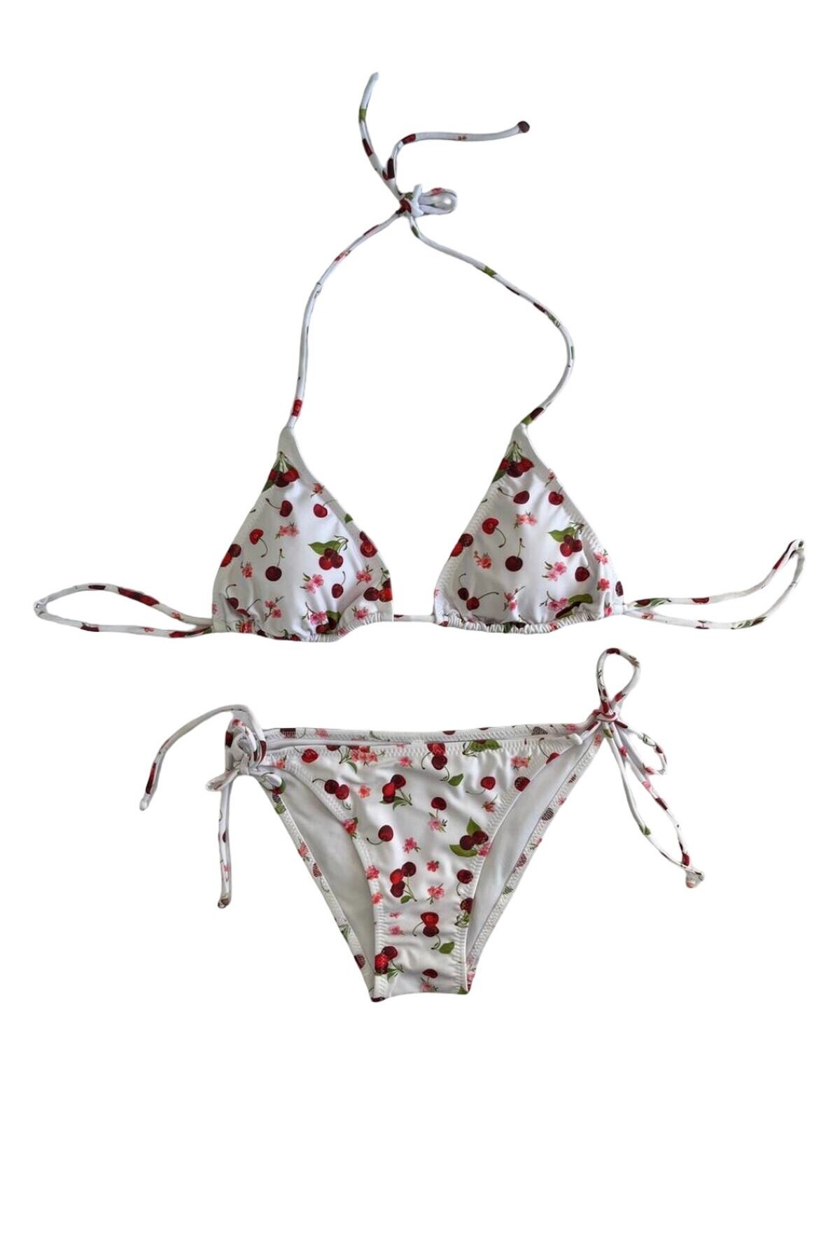 Kadın Beyaz Kiraz Temalı Boyundan İp Bağlamalı Üçgen Bikini Takımı HZL25S-LC5005