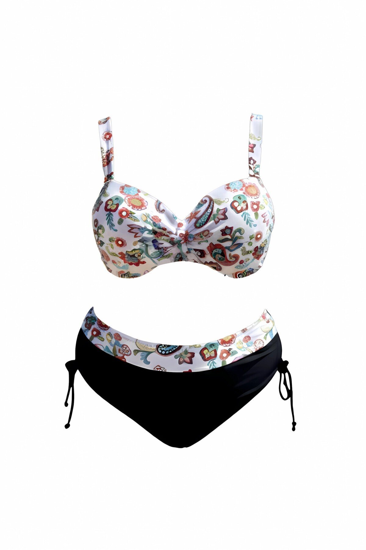 Kadın Beyaz Siyah Desenli Yüksel Bel Astarlı Büyük Beden Bikini Takımı HZL25S-LC3339