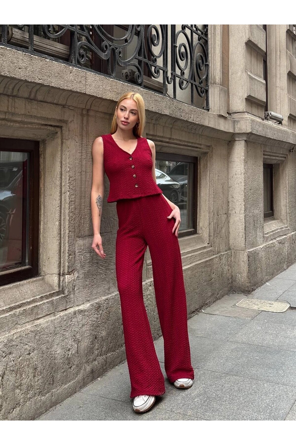 Kadın Bordo Beli Lastilkli Gofre Kumaş Pantolon HZL24S-ZK13261