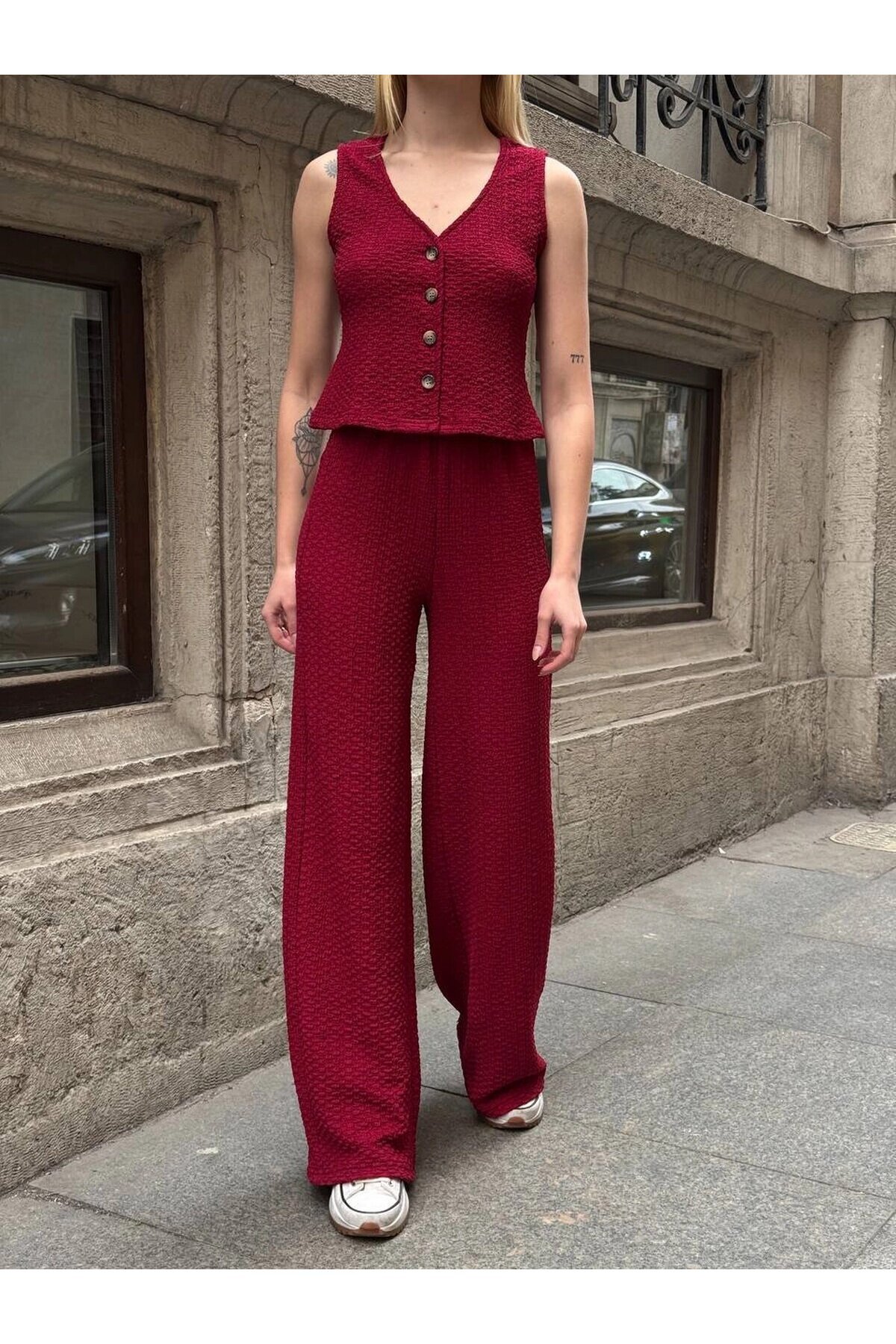 Kadın Bordo Beli Lastilkli Gofre Kumaş Pantolon HZL24S-ZK13261