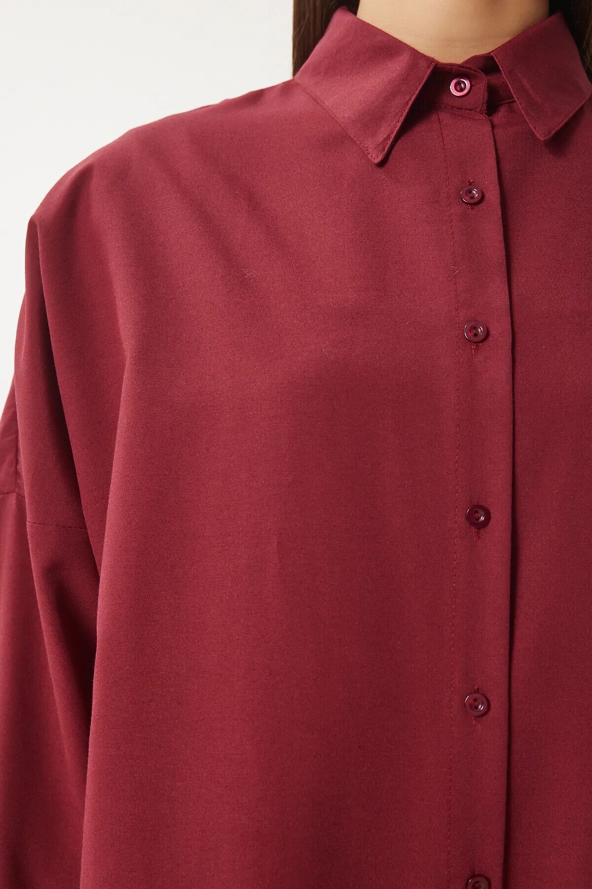 Kadın Bordo Geniş Kalıp Uzun Basic Gömlek HZL24W-BD139001