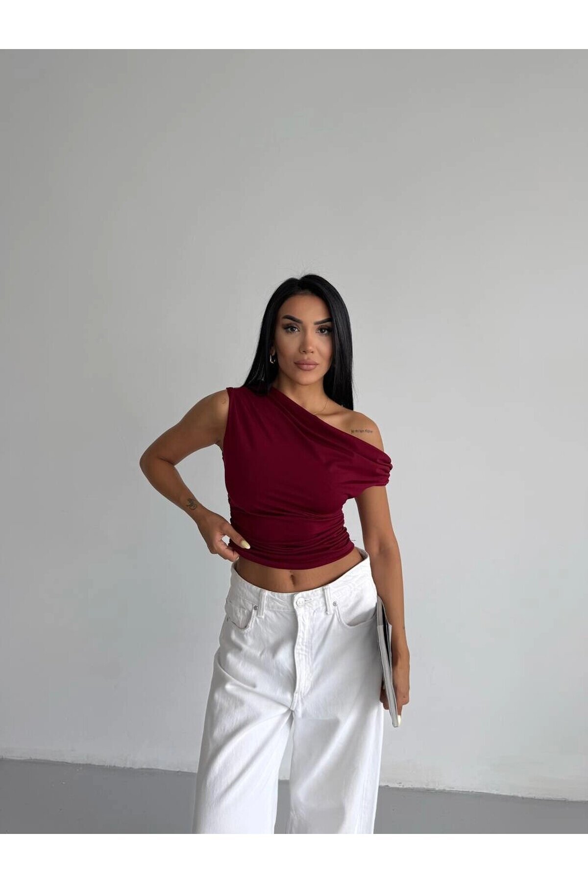 Kadın Bordo Yandan Drapeli Kayık Yaka Sandy Bluz HZL25S-FRY123201