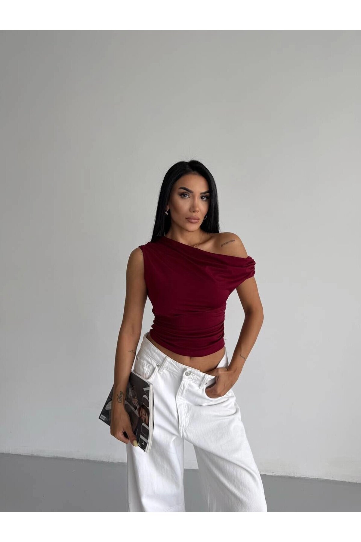 Kadın Bordo Yandan Drapeli Kayık Yaka Sandy Bluz HZL25S-FRY123201
