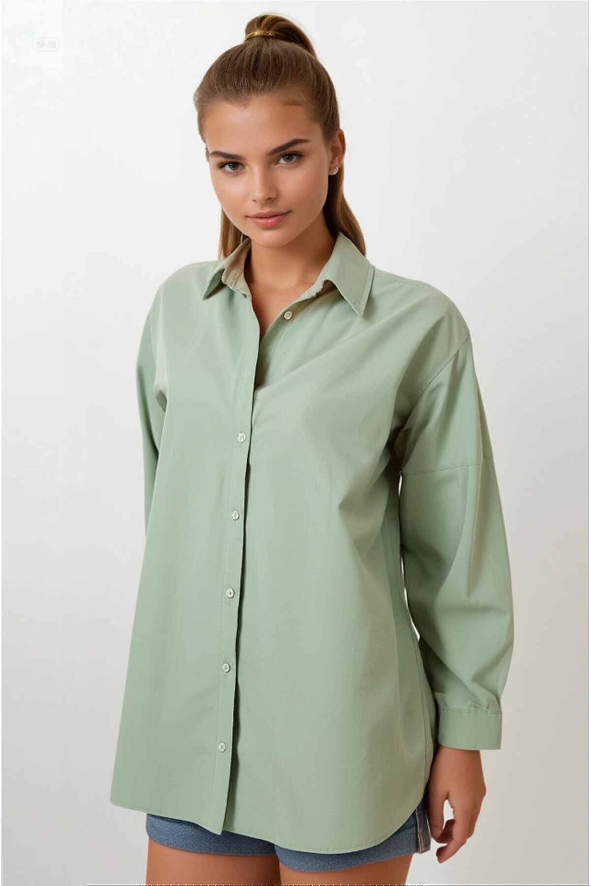 Kadın Çağla Yeşili Oversize Uzun Basic Gömlek Hzl22w-bd139001