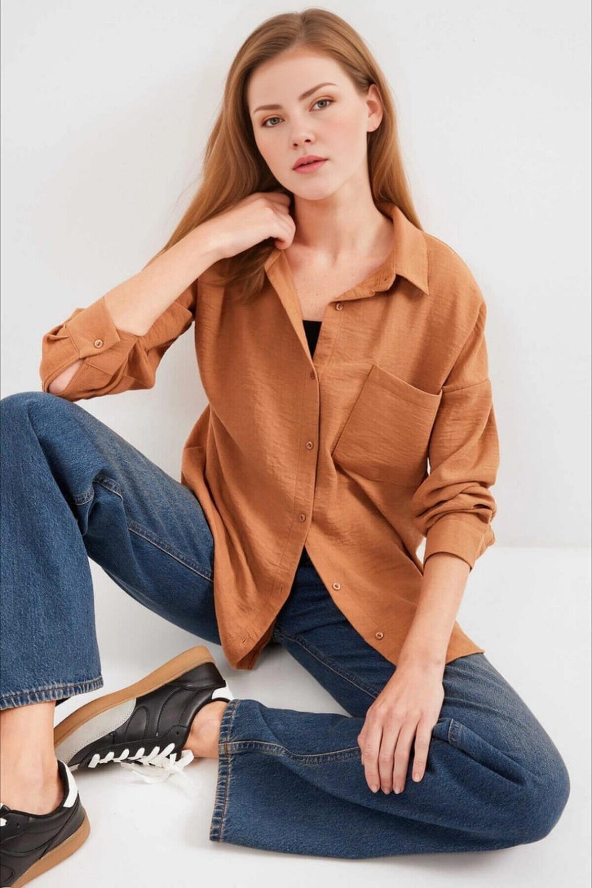 Kadın Camel Tek Cepli Oversize Keten Ayrobin Gömlek HZL24S-BD1201531