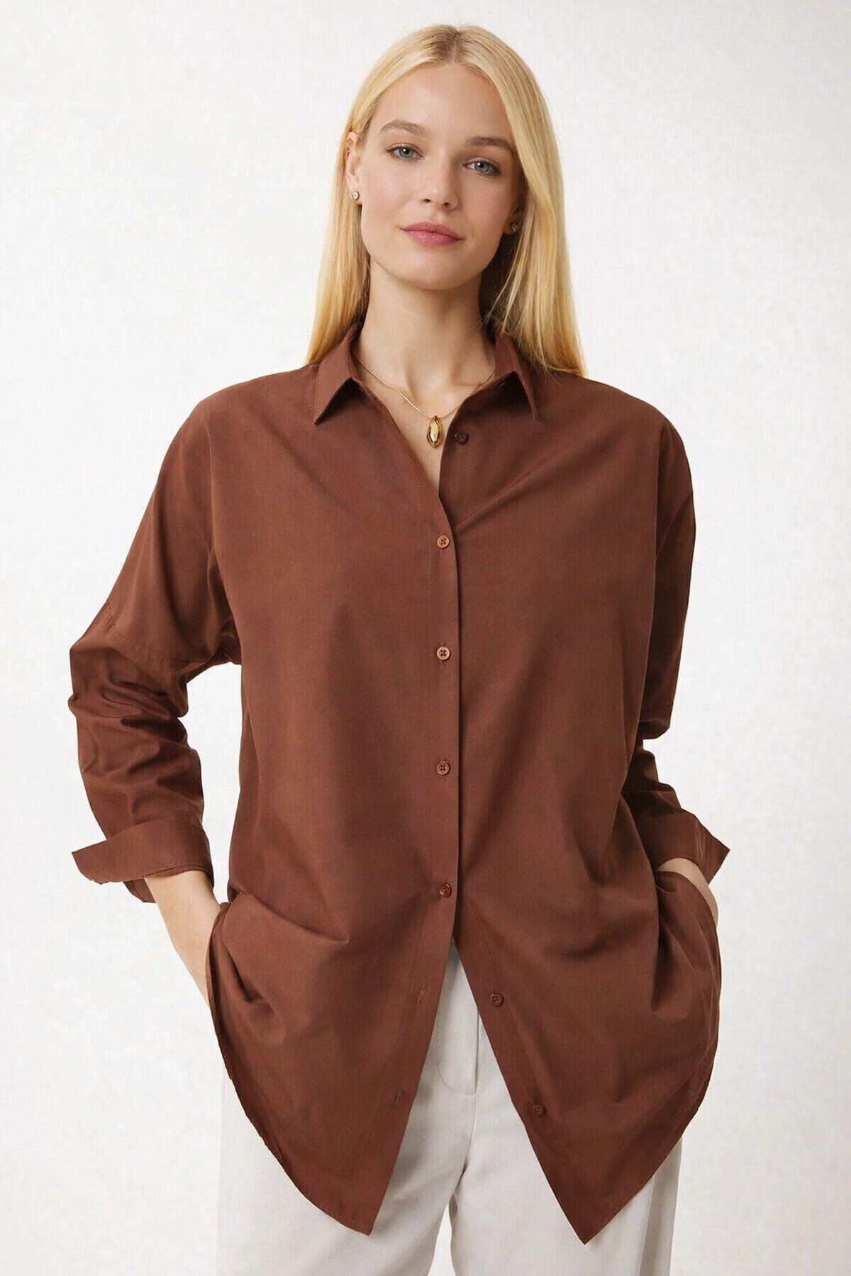 Kadın Çikolata Oversize Uzun Basic Gömlek Hzl22w-bd139001