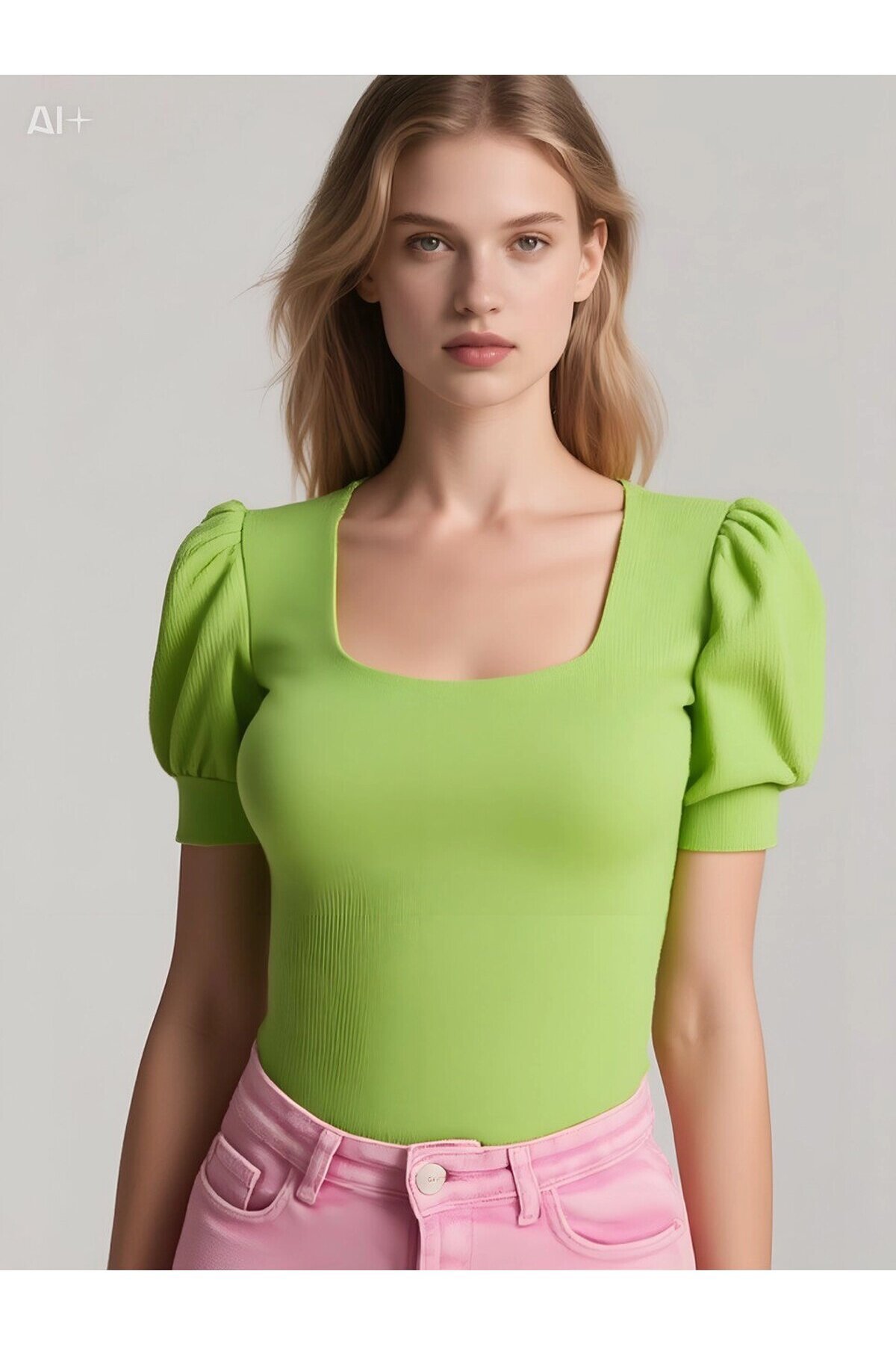 Kadın Fıstık Yeşili Kare Yaka Örme Bluz HZL22W-BD104091