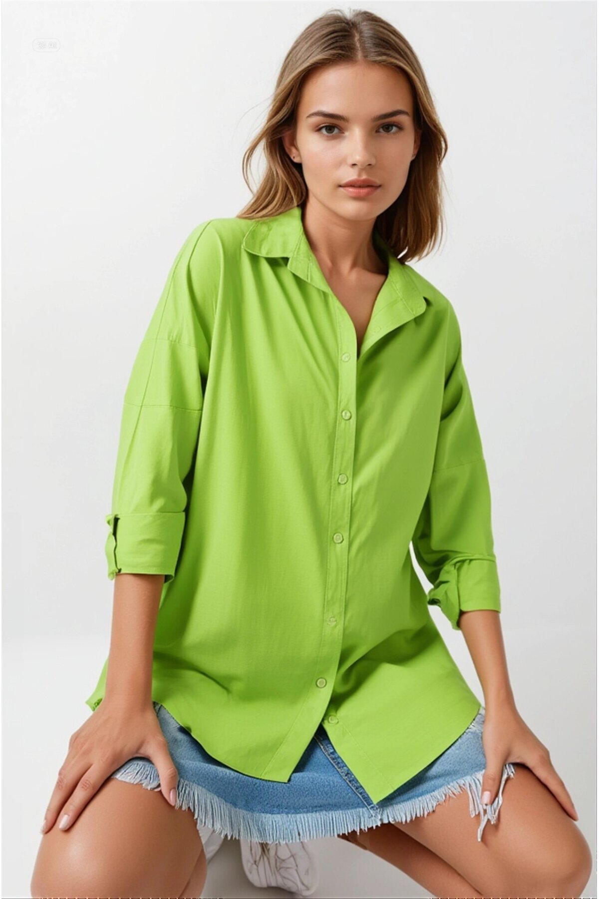 Kadın Fıstık Yeşili Oversize Uzun Basic Gömlek HZL22W-BD139001