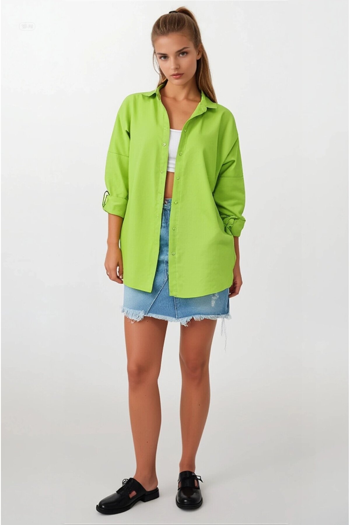 Kadın Fıstık Yeşili Oversize Uzun Basic Gömlek HZL22W-BD139001
