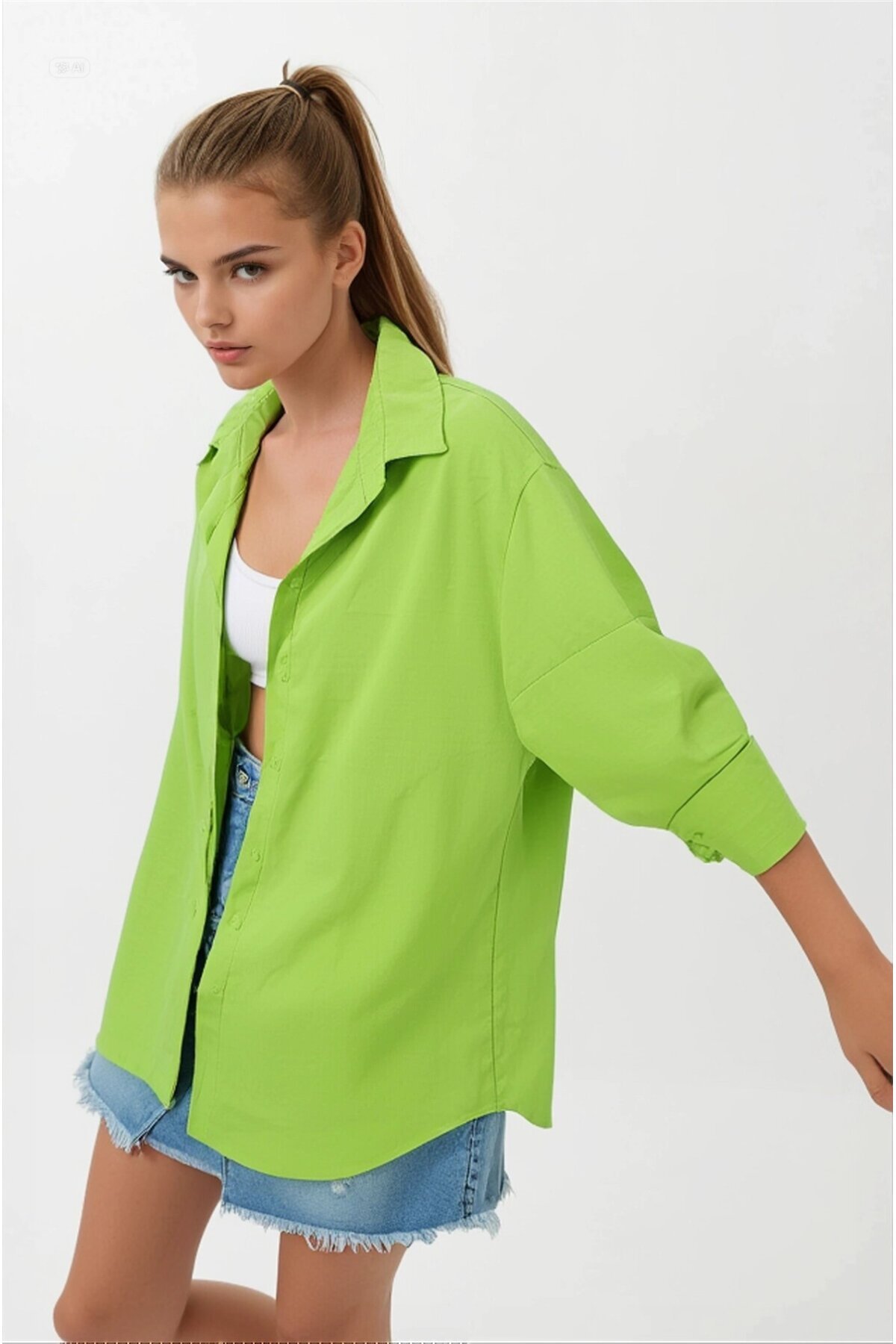 Kadın Fıstık Yeşili Oversize Uzun Basic Gömlek HZL22W-BD139001