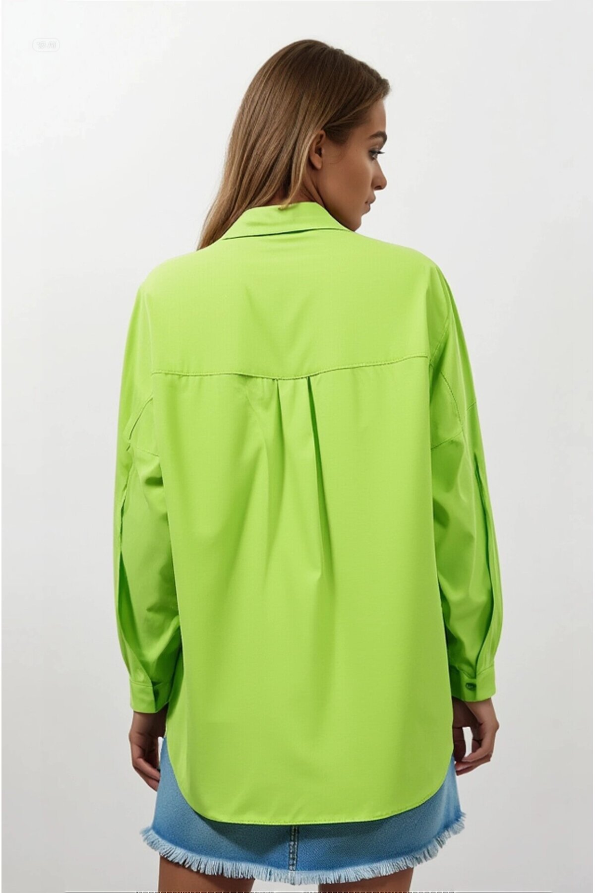 Kadın Fıstık Yeşili Oversize Uzun Basic Gömlek HZL22W-BD139001
