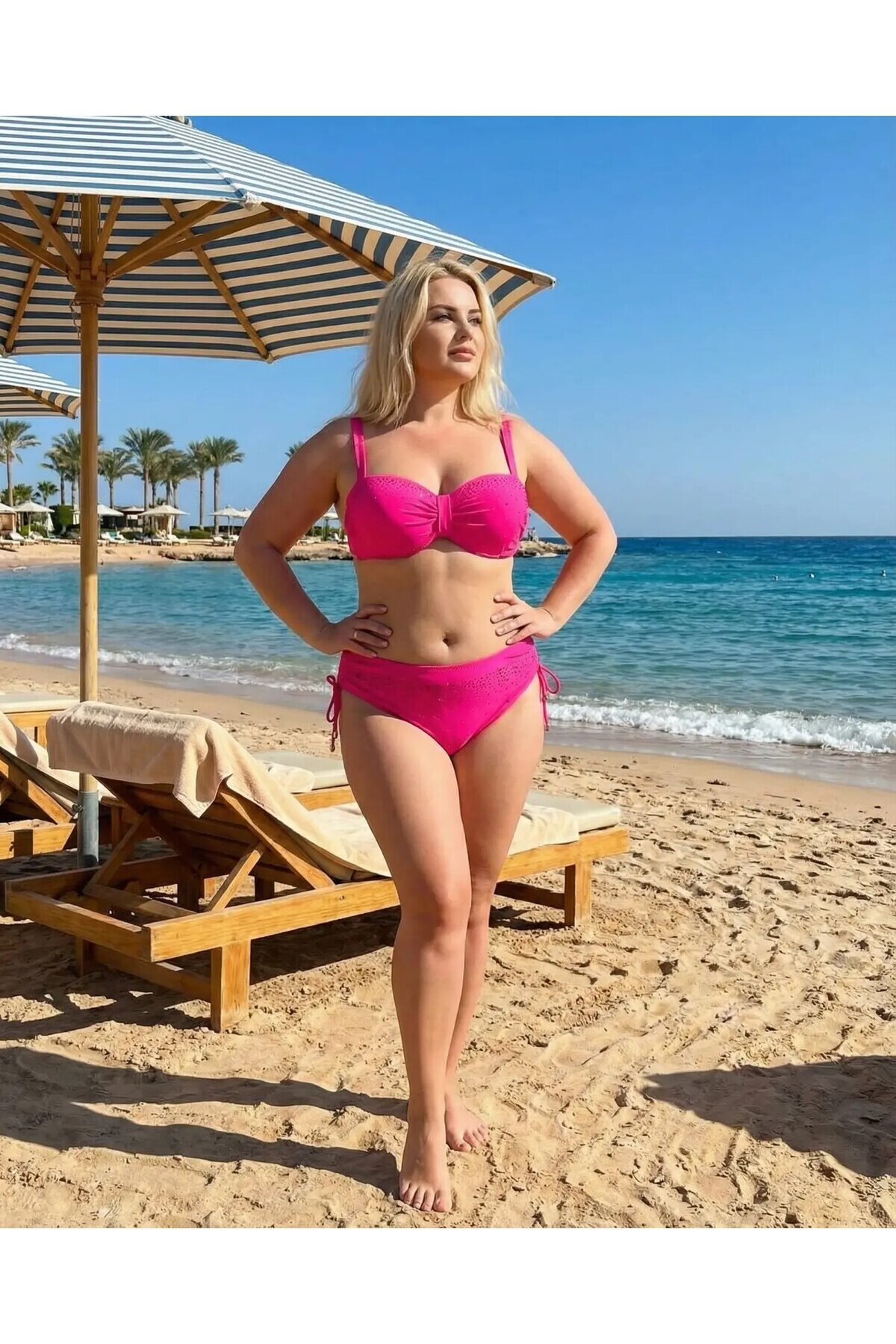 Kadın Fuşya Taş İşlemeli Astarlı Bikini Takım HZL25S-LC3361