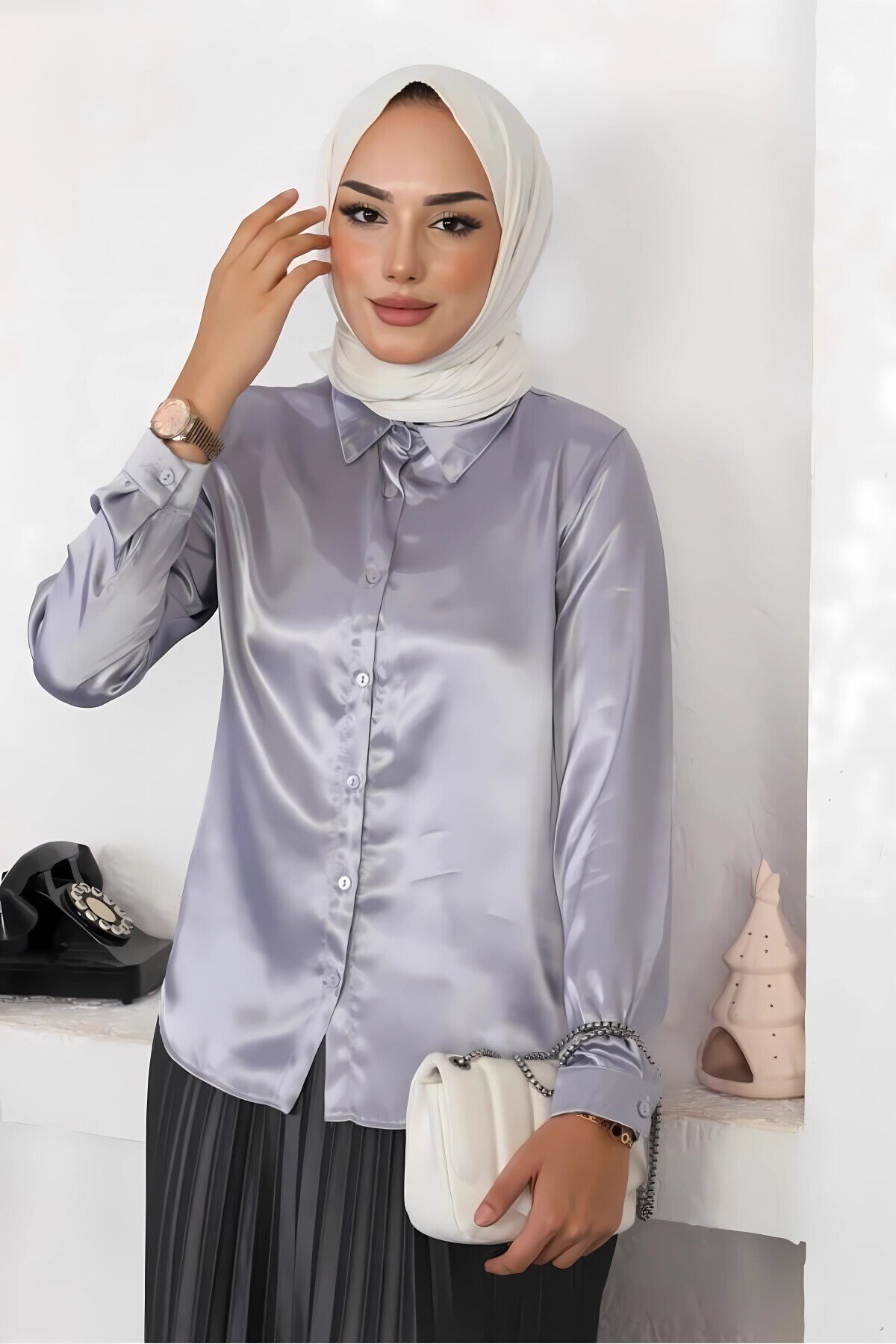 Kadın Gri Saten Yüzeyli Tesettür Gömlek HZL25W-BD139641