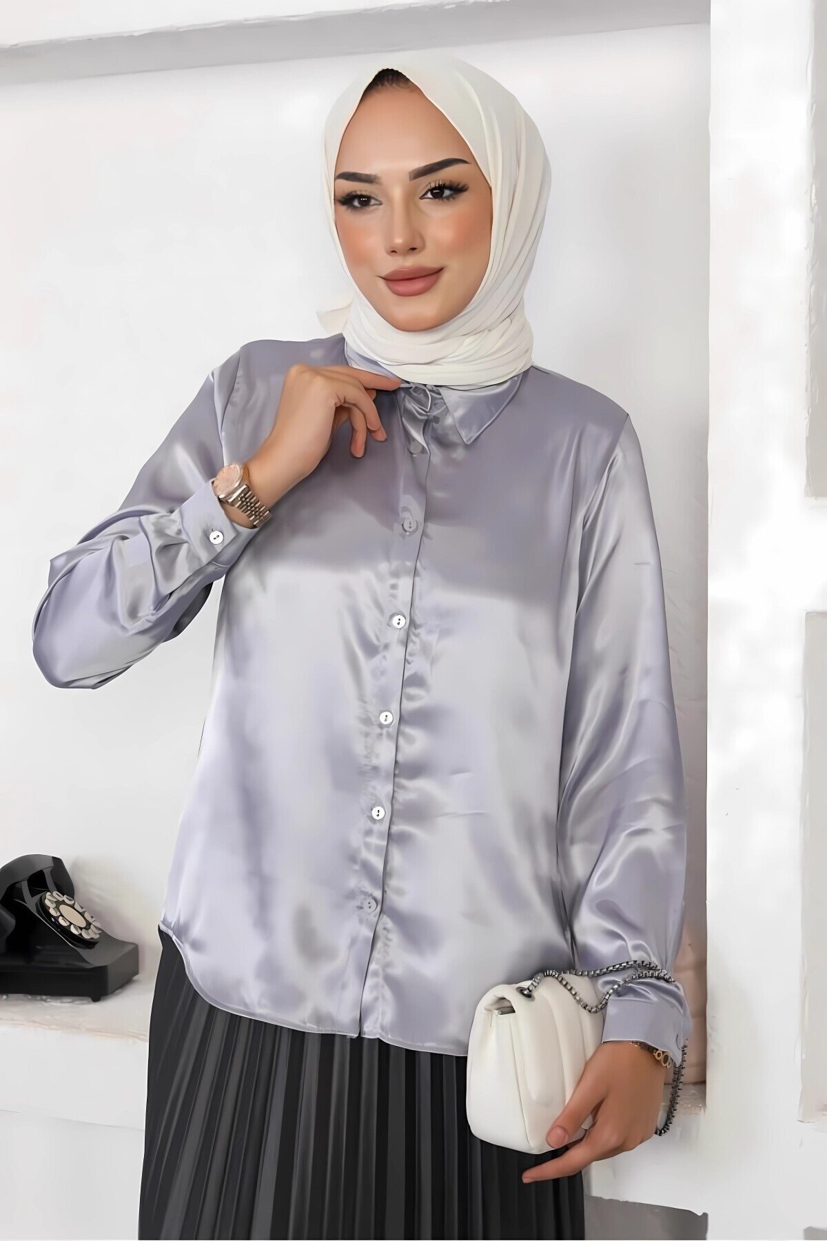 Kadın Gri Saten Yüzeyli Tesettür Gömlek HZL25W-BD139641