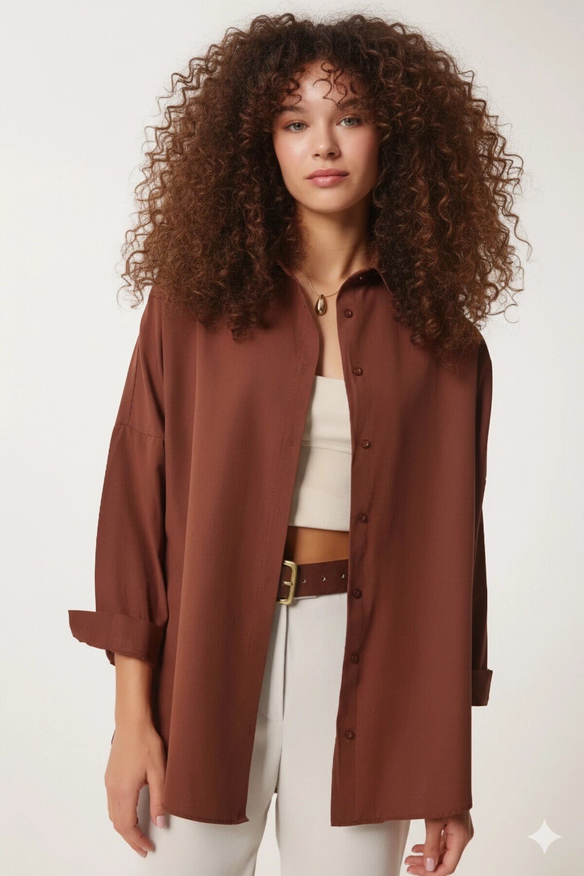 Kadın Kahverengi Oversize Uzun Basic Gömlek Hzl22w-bd139001