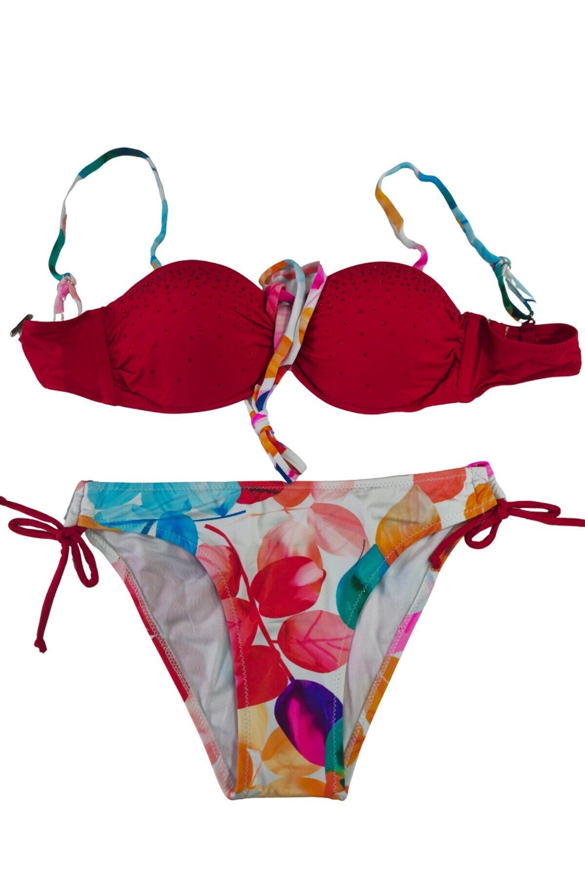 Kadın Kırmızı Taş İşlemeli Astarlı Bikini Takım HZL25S-LC207