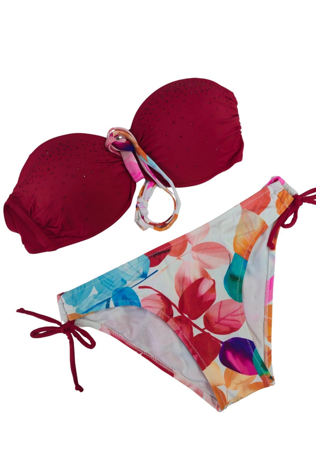 Kadın Kırmızı Taş İşlemeli Astarlı Bikini Takım HZL25S-LC207