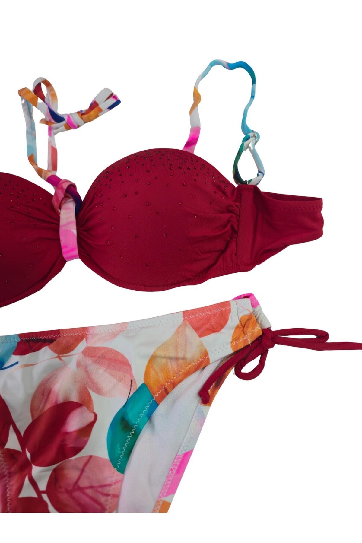 Kadın Kırmızı Taş İşlemeli Astarlı Bikini Takım HZL25S-LC207