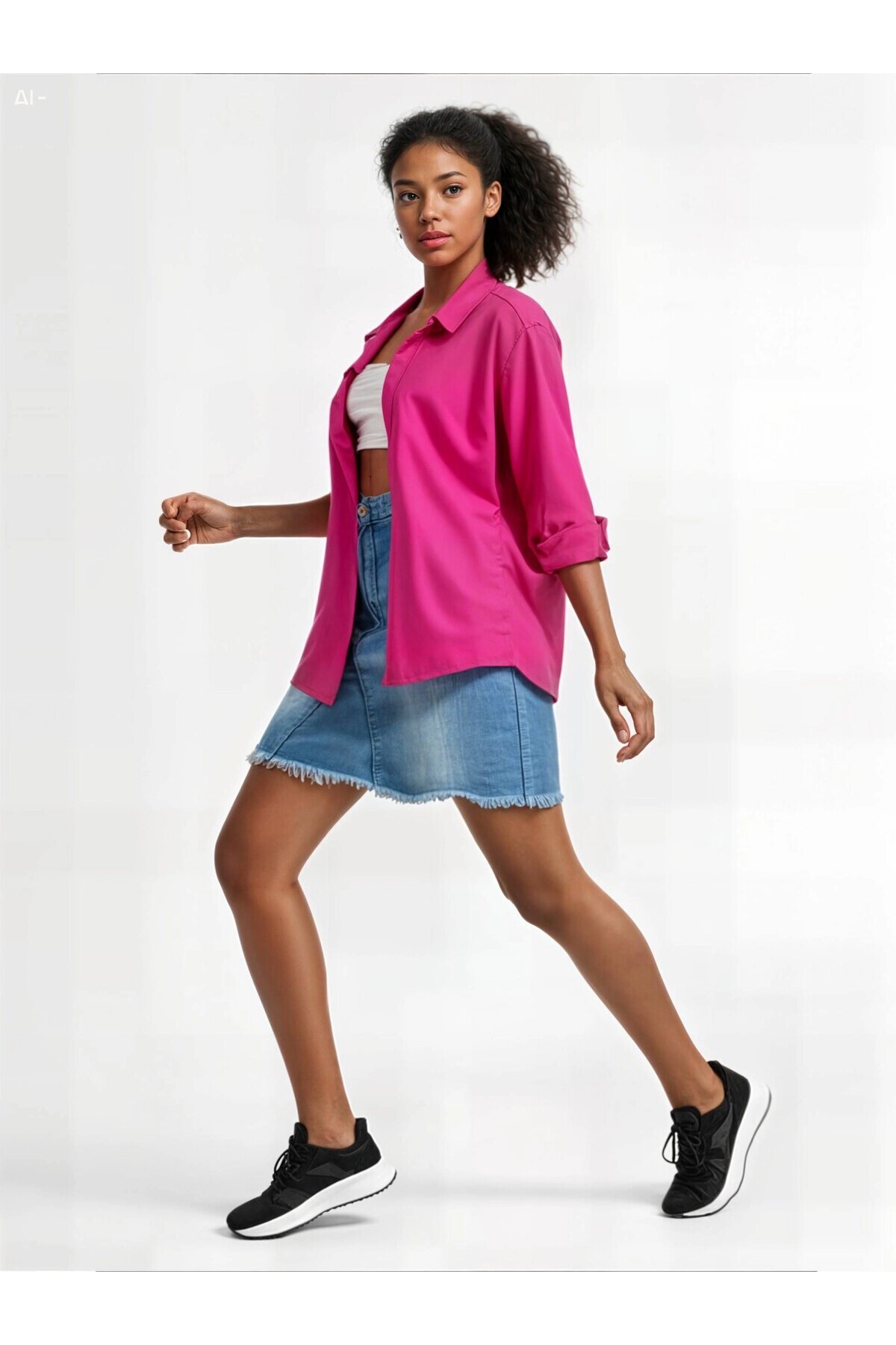 Kadın Koyu Pembe Oversize Uzun Basic Gömlek HZL22W-BD139001