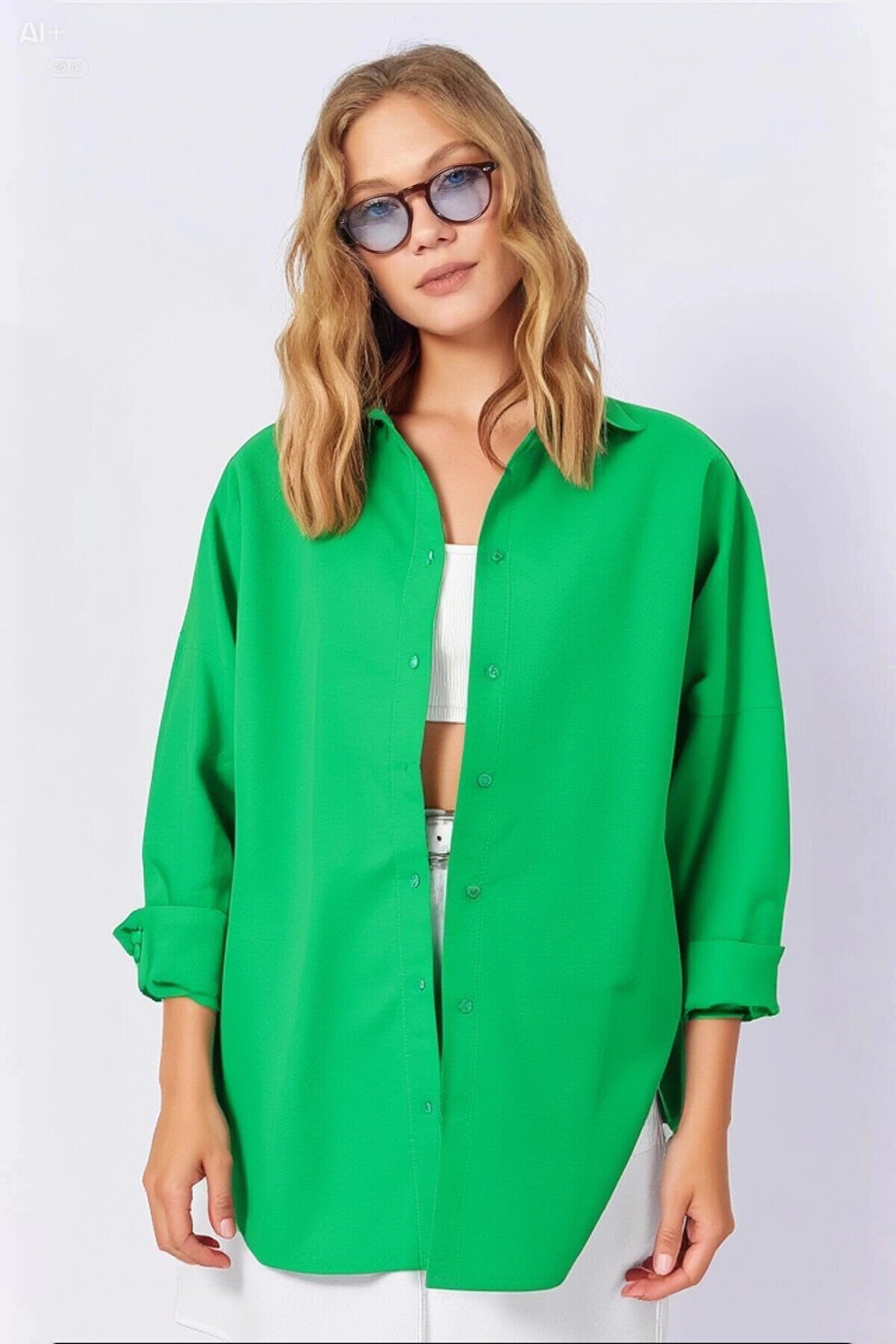 Kadın Koyu Yeşil Oversize Uzun Basic Gömlek  HZL22W-BD139001