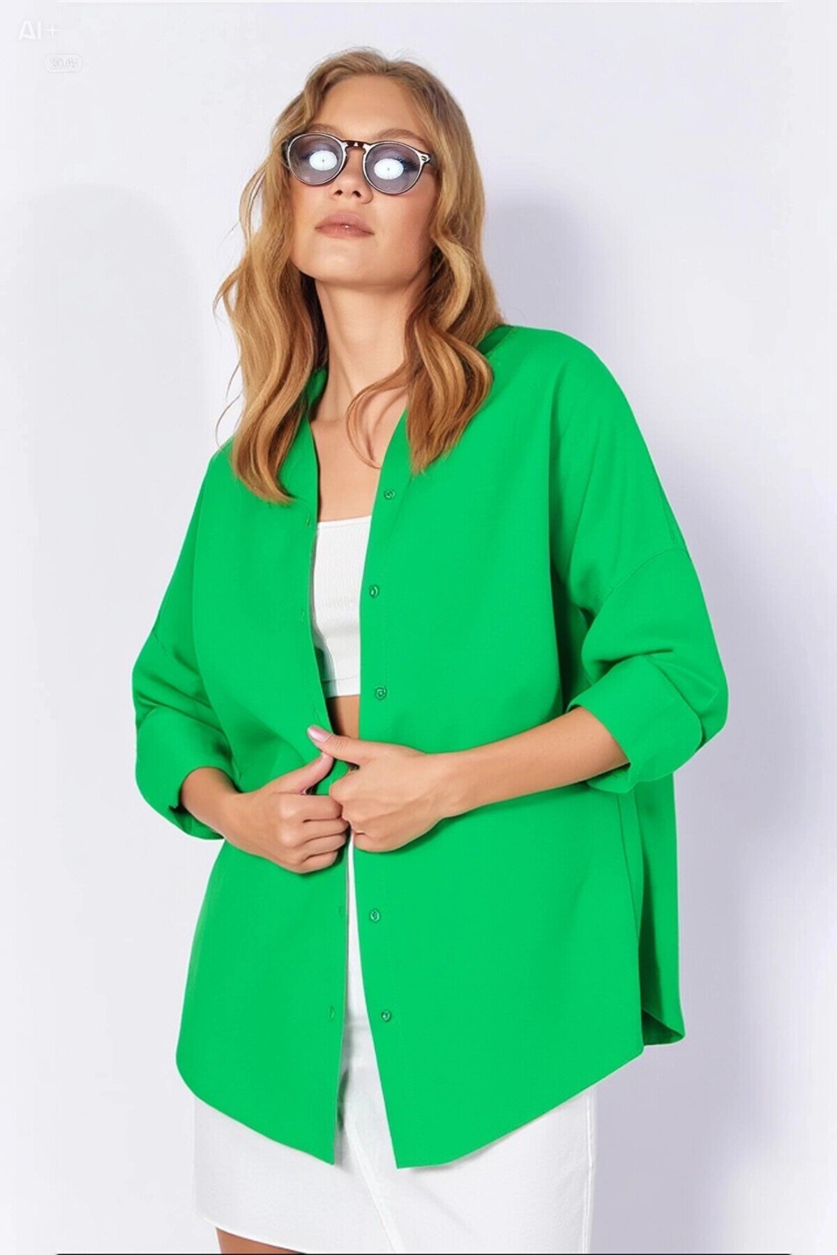 Kadın Koyu Yeşil Oversize Uzun Basic Gömlek  HZL22W-BD139001