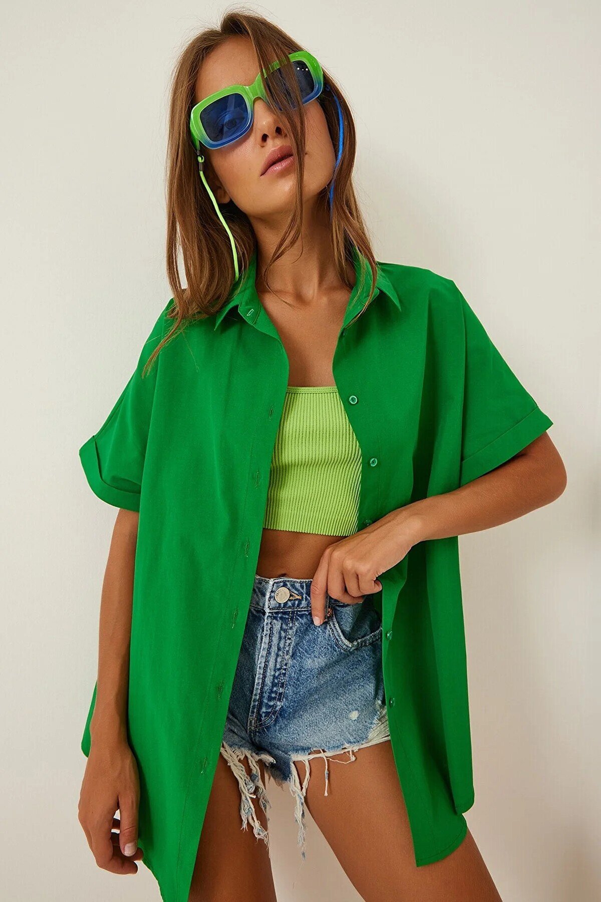 Kadın Koyu Yeşil Oversize Uzun Kısa Kollu Basic Poplin Gömlek HZL22S-BD1201201