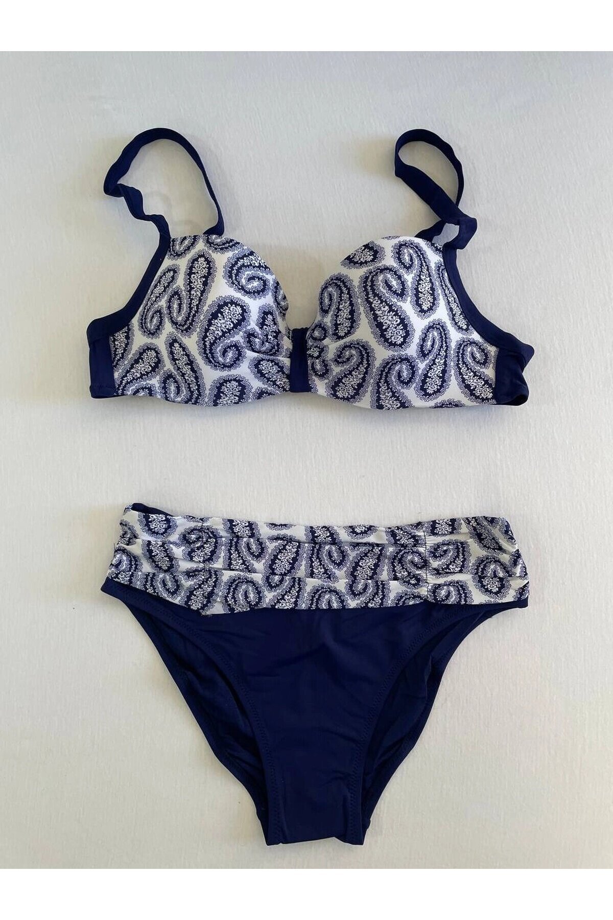Kadın Lacivert Beyaz Etnik Desen Büyük Beden Bikini Takımı HZL25S-LC213
