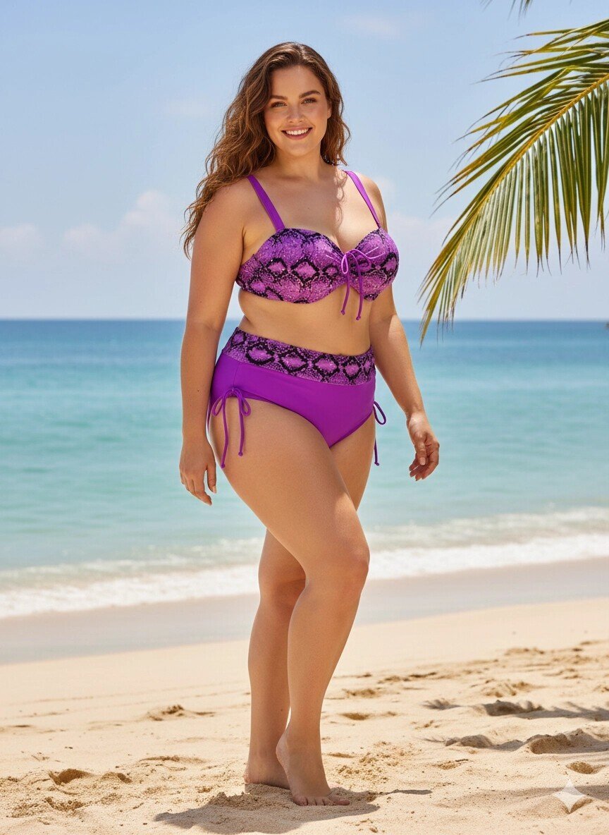 Kadın Lila Siyah Desenli Taş İşlemeli Toparlayıcı Büyük Beden  Bikini Takım HZL25S-LC3333