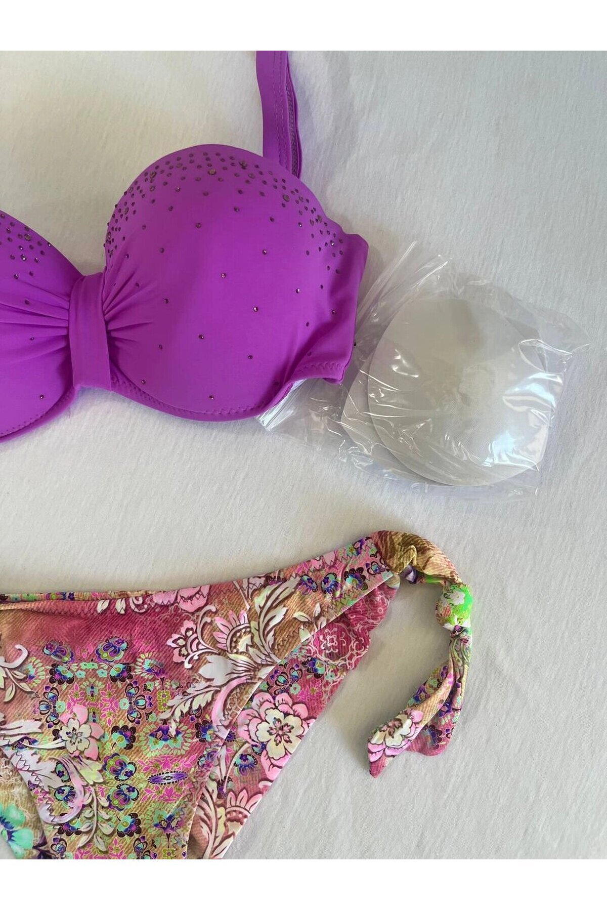Kadın Lila Taş İşlemeli 3 Parça Bikini Takım HZL25S-LC3315