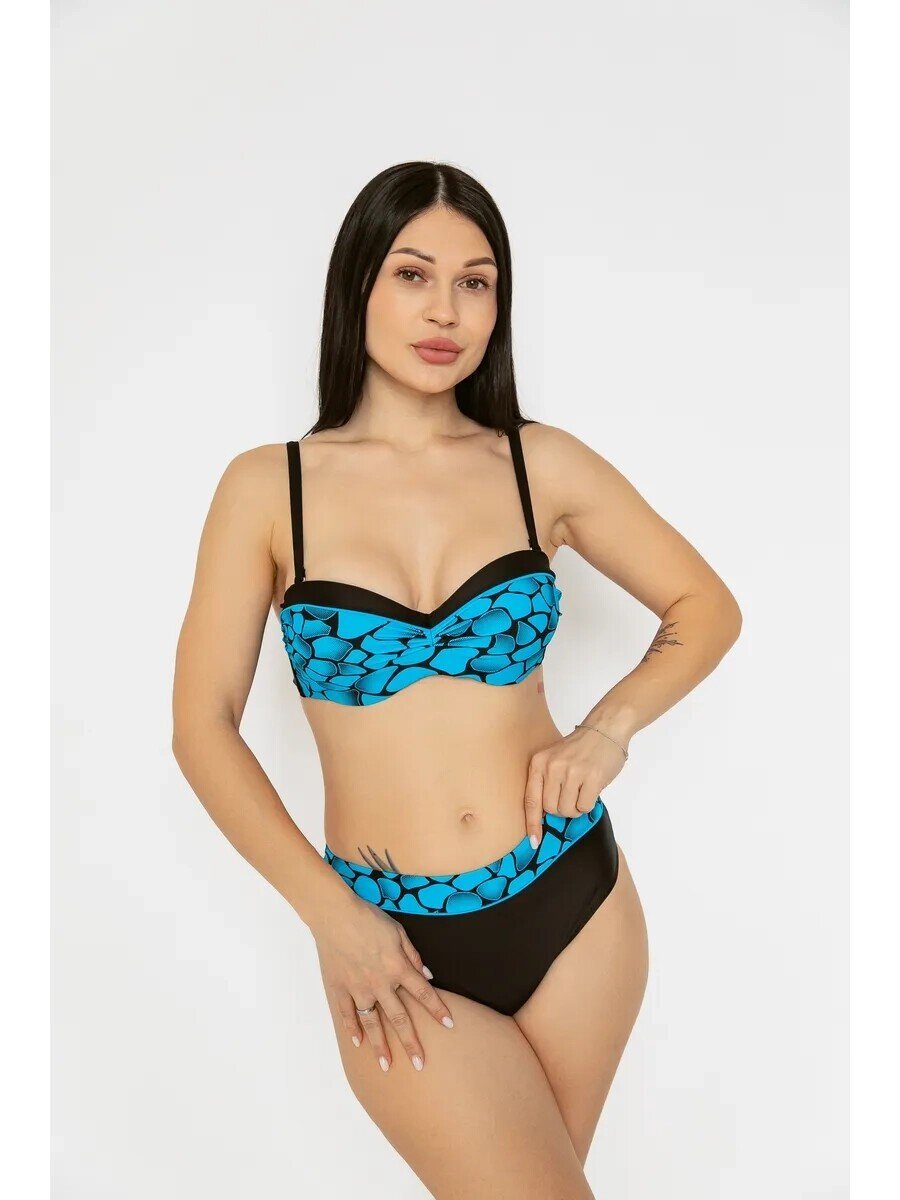 Kadın Mavi Siyah Desenli Astarlı Büyük Beden Bikini Takımı HZL25S-LC25143