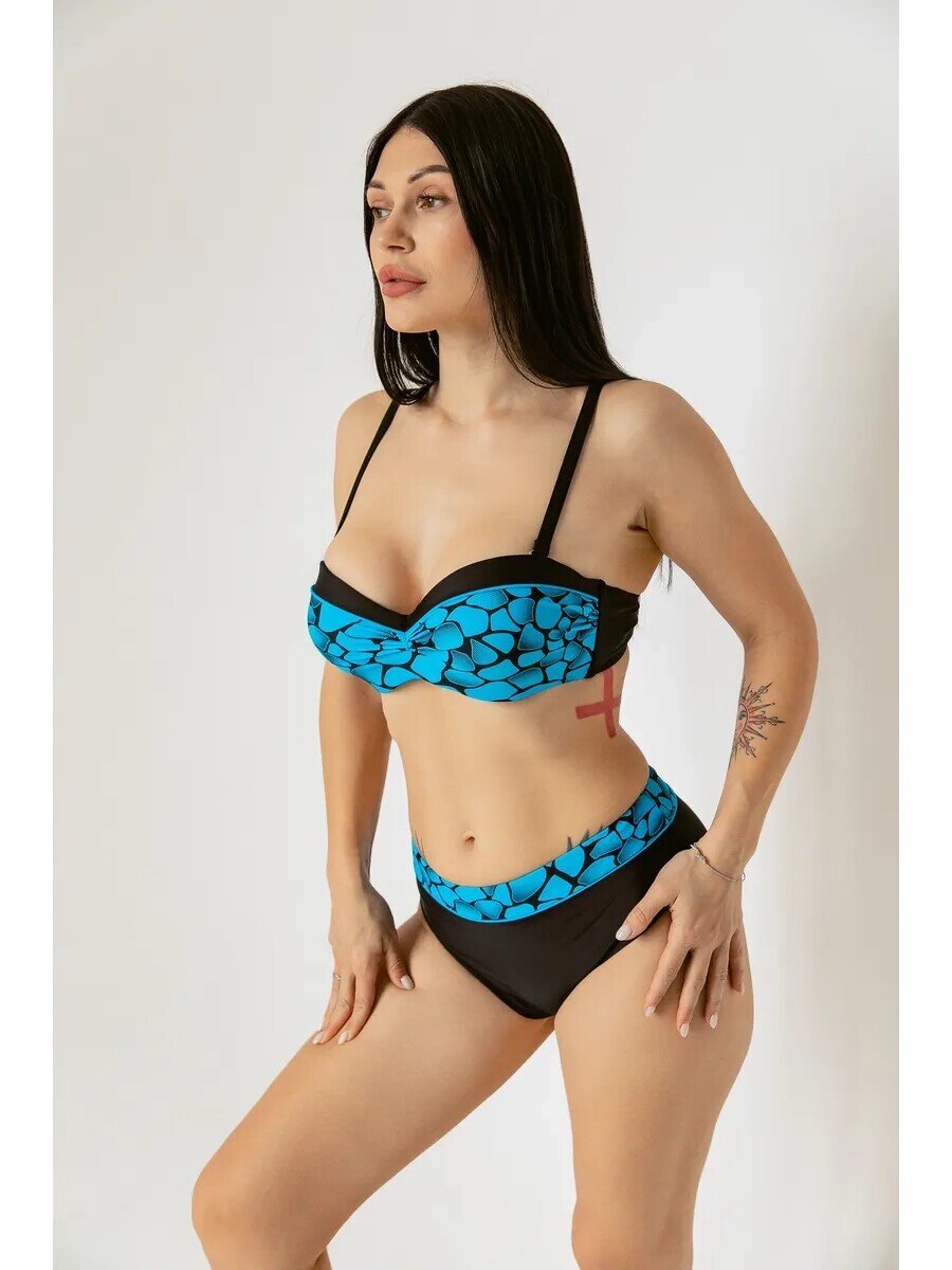 Kadın Mavi Siyah Desenli Astarlı Büyük Beden Bikini Takımı HZL25S-LC25143