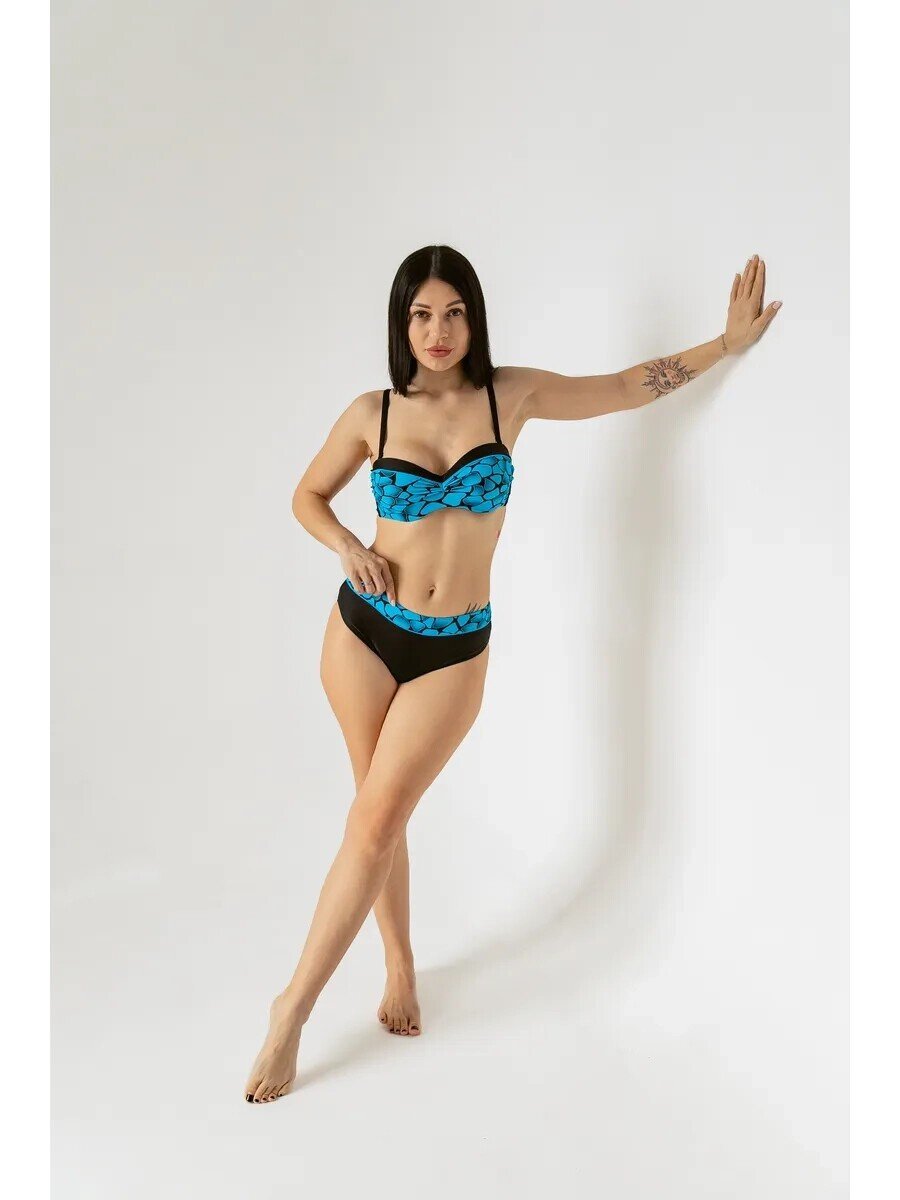 Kadın Mavi Siyah Desenli Astarlı Büyük Beden Bikini Takımı HZL25S-LC25143
