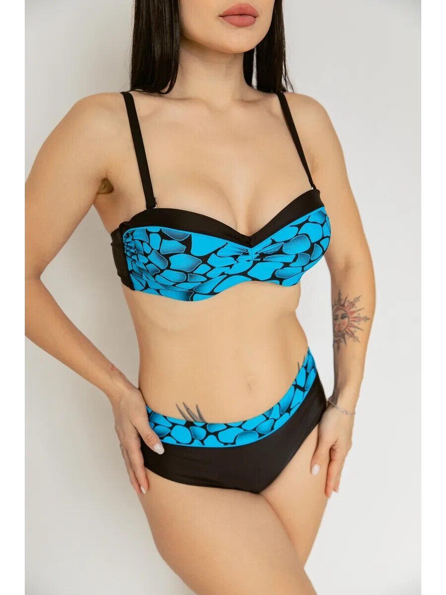 Kadın Mavi Siyah Desenli Astarlı Büyük Beden Bikini Takımı HZL25S-LC25143