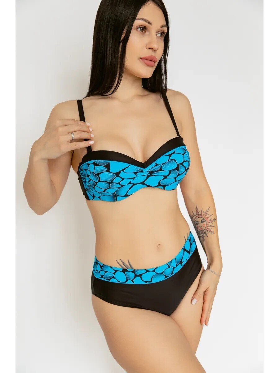 Kadın Mavi Siyah Desenli Astarlı Büyük Beden Bikini Takımı HZL25S-LC25143