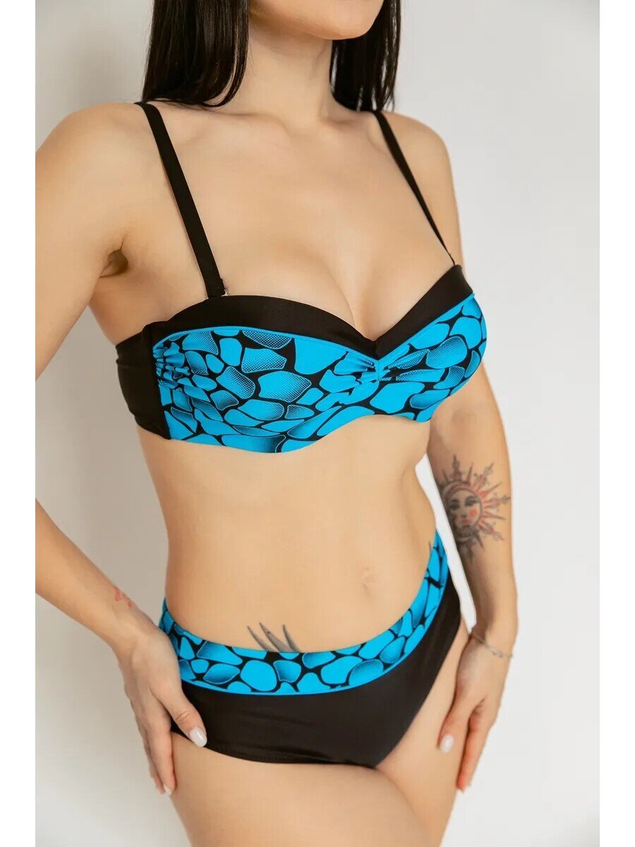 Kadın Mavi Siyah Desenli Astarlı Büyük Beden Bikini Takımı HZL25S-LC25143