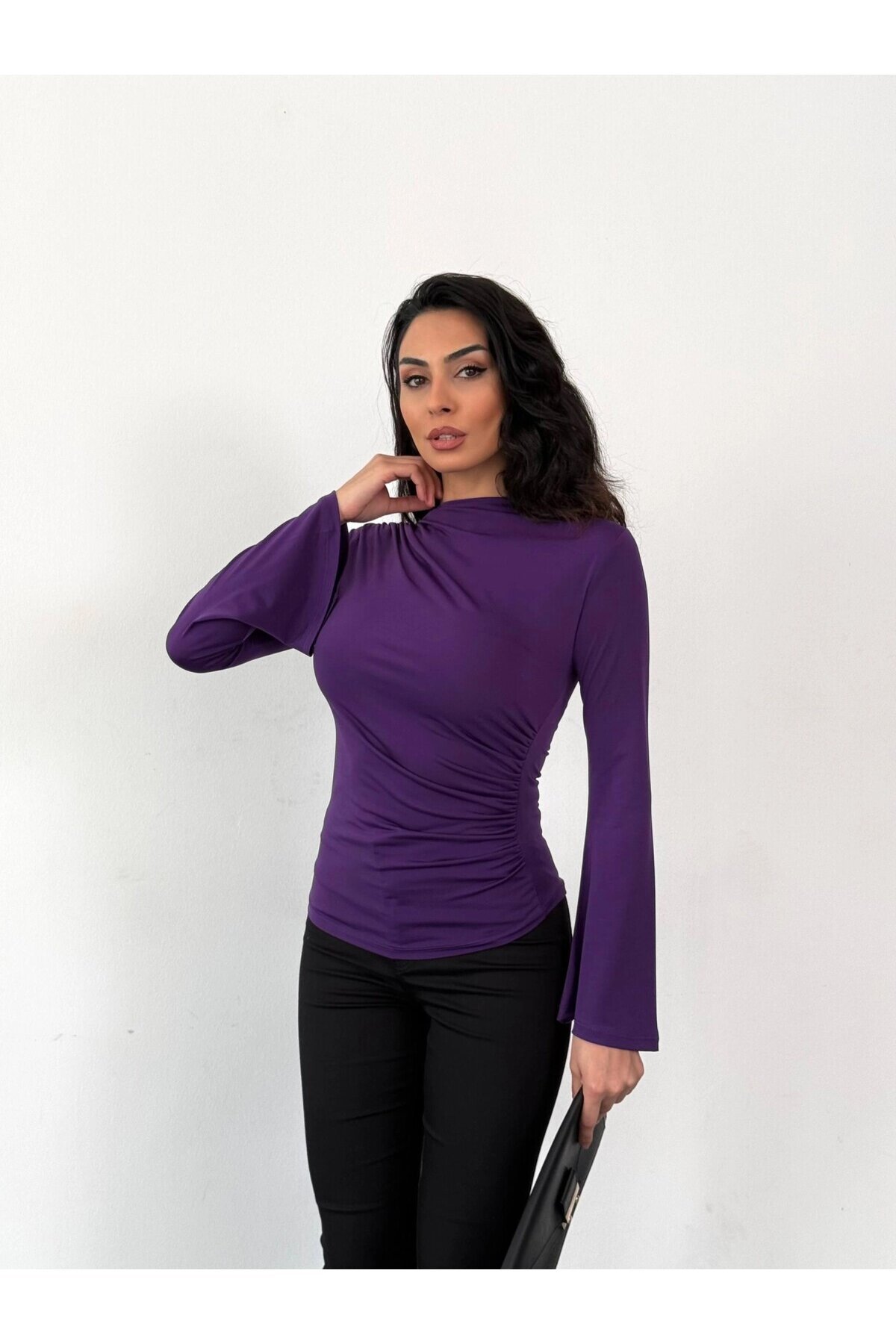Kadın Mor Drape Detaylı İspanyol Kol Sany Bluz HZL25W-FRY123431