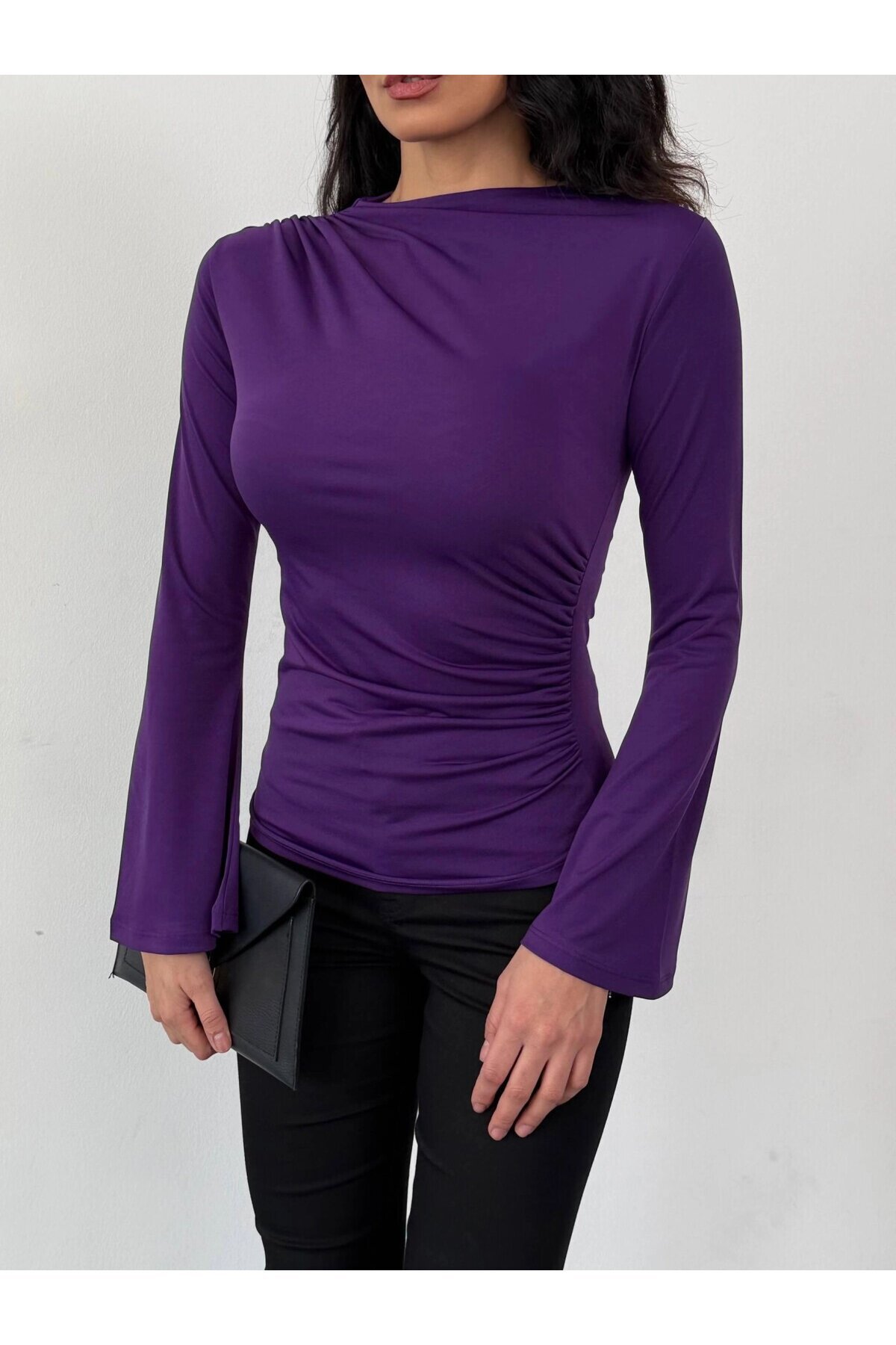 Kadın Mor Drape Detaylı İspanyol Kol Sany Bluz HZL25W-FRY123431