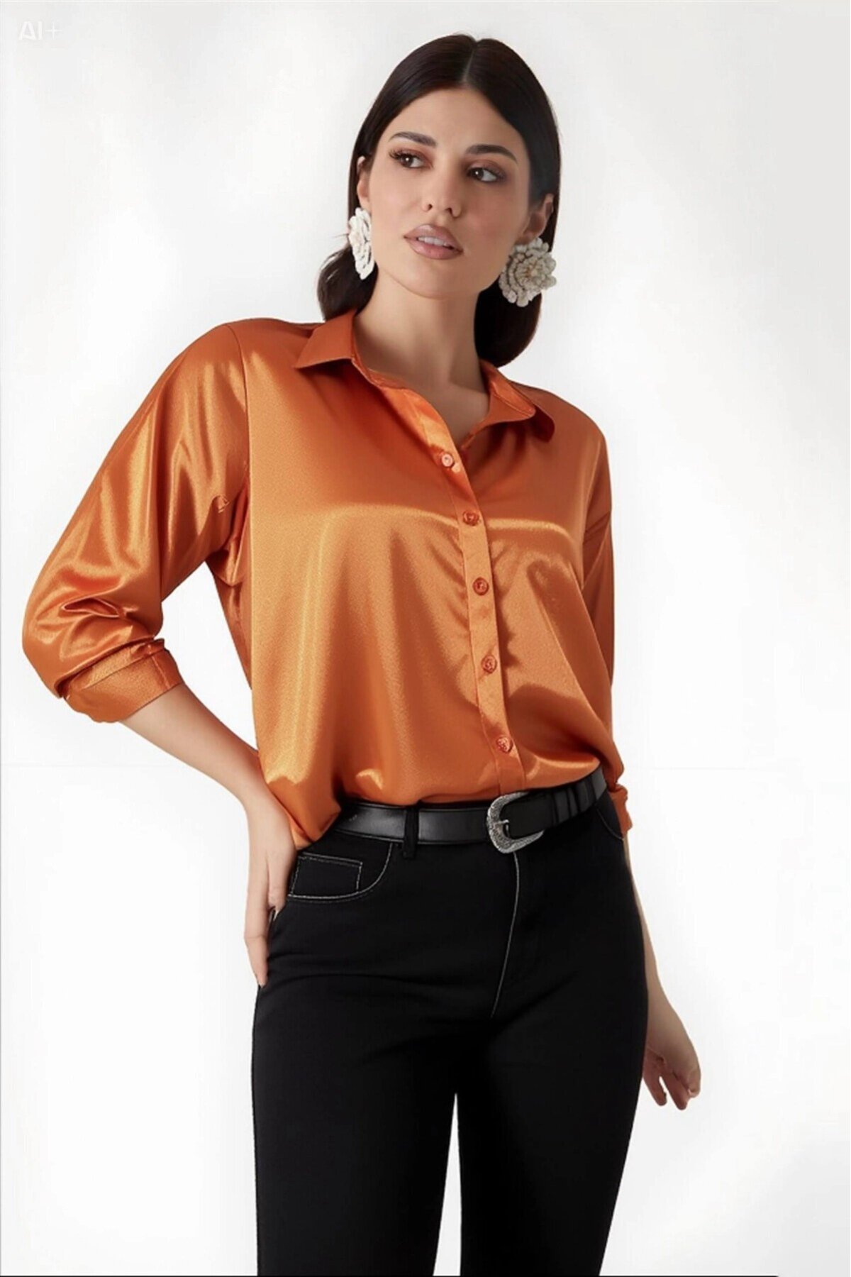 Kadın Oranj  Hafif Dökümlü Saten Yüzeyli Gömlek HZL22W-BD139641