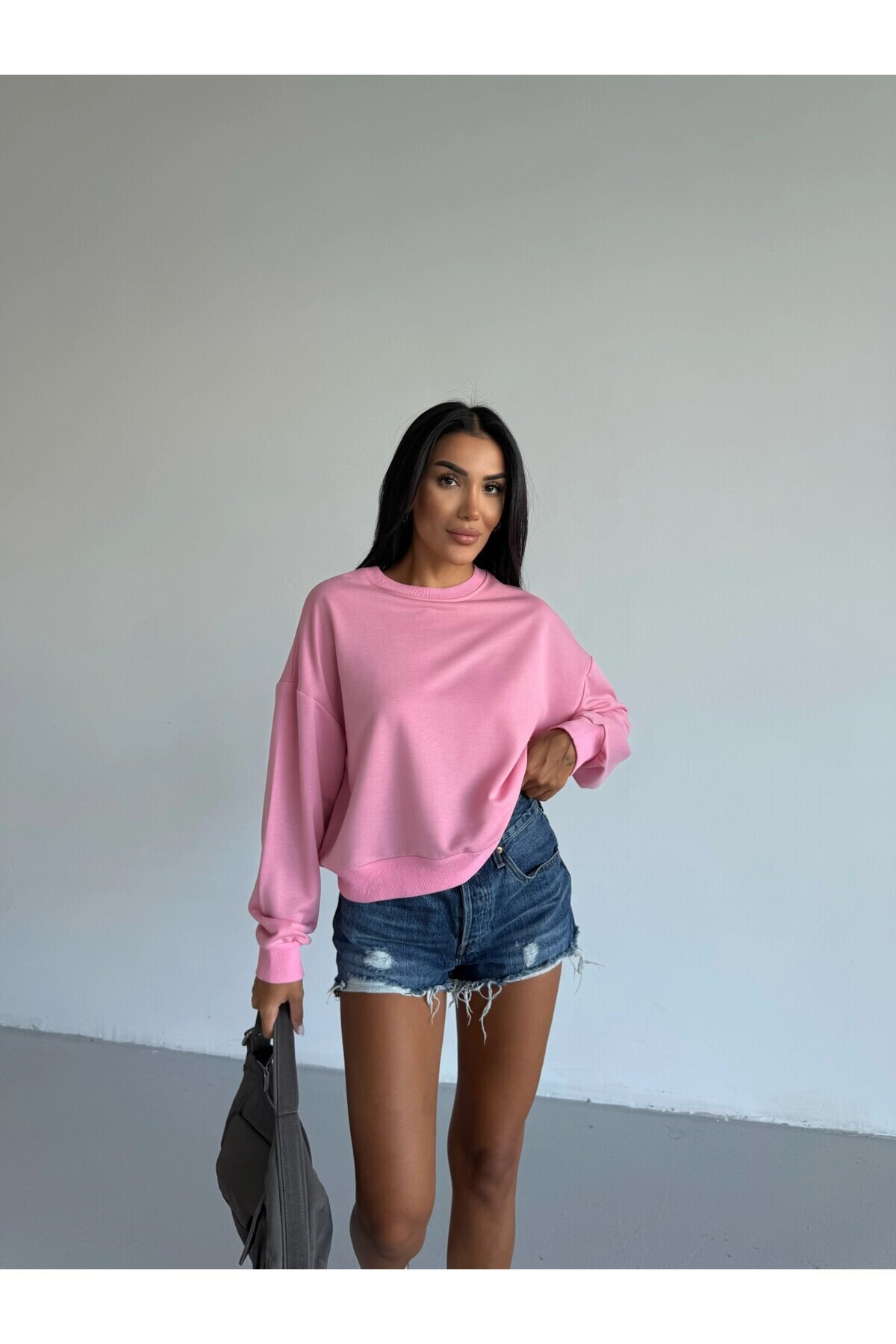 Kadın Pembe Bisiklet Yaka 2 İplik Sweatshirt HZL25W-FRY123391