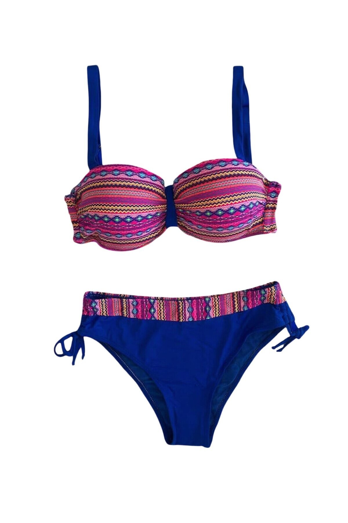 Kadın Pembe Saks Mavi Etnik Desenli Astarlı Büyük Beden Bikini Takımı HZL25S-LC22626
