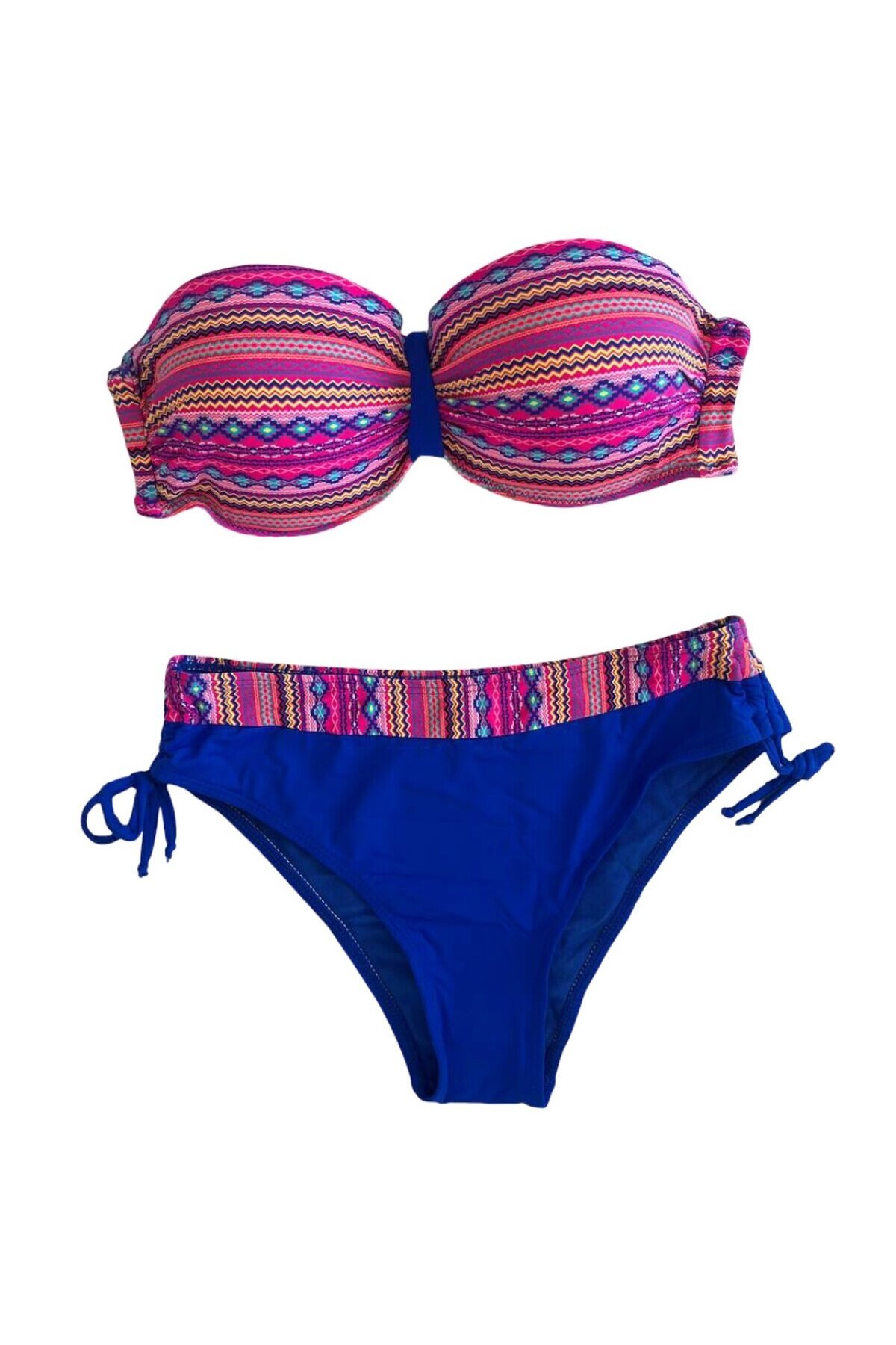 Kadın Pembe Saks Mavi Etnik Desenli Astarlı Büyük Beden Bikini Takımı HZL25S-LC22626