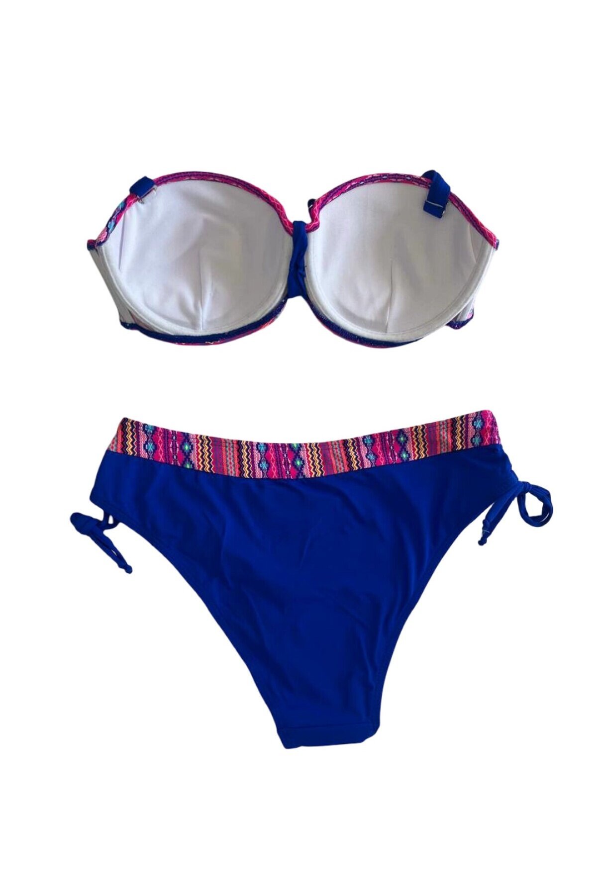 Kadın Pembe Saks Mavi Etnik Desenli Astarlı Büyük Beden Bikini Takımı HZL25S-LC22626