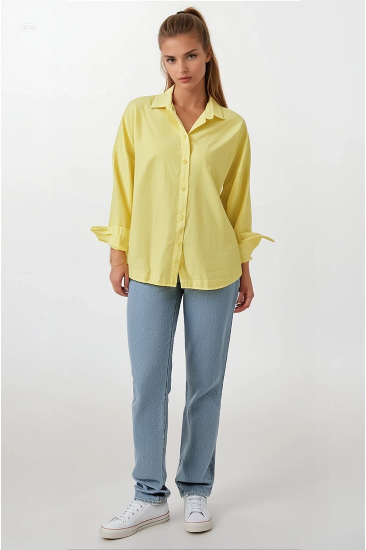 Kadın Sarı Oversize Uzun Basic Gömlek Hzl22w-bd139001